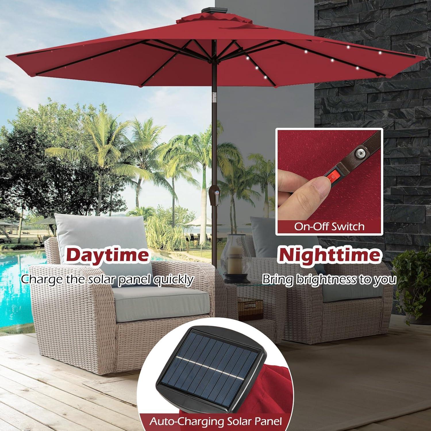 image:imageGiantex 9ft10ft Outdoor Patio umbrella with Solar Lights Table Market Umbrella with Crank and Pushbutton Tilt System Solar LED Lighted Patio Umbrella for Backyard Deck Pool BeachBurgundy