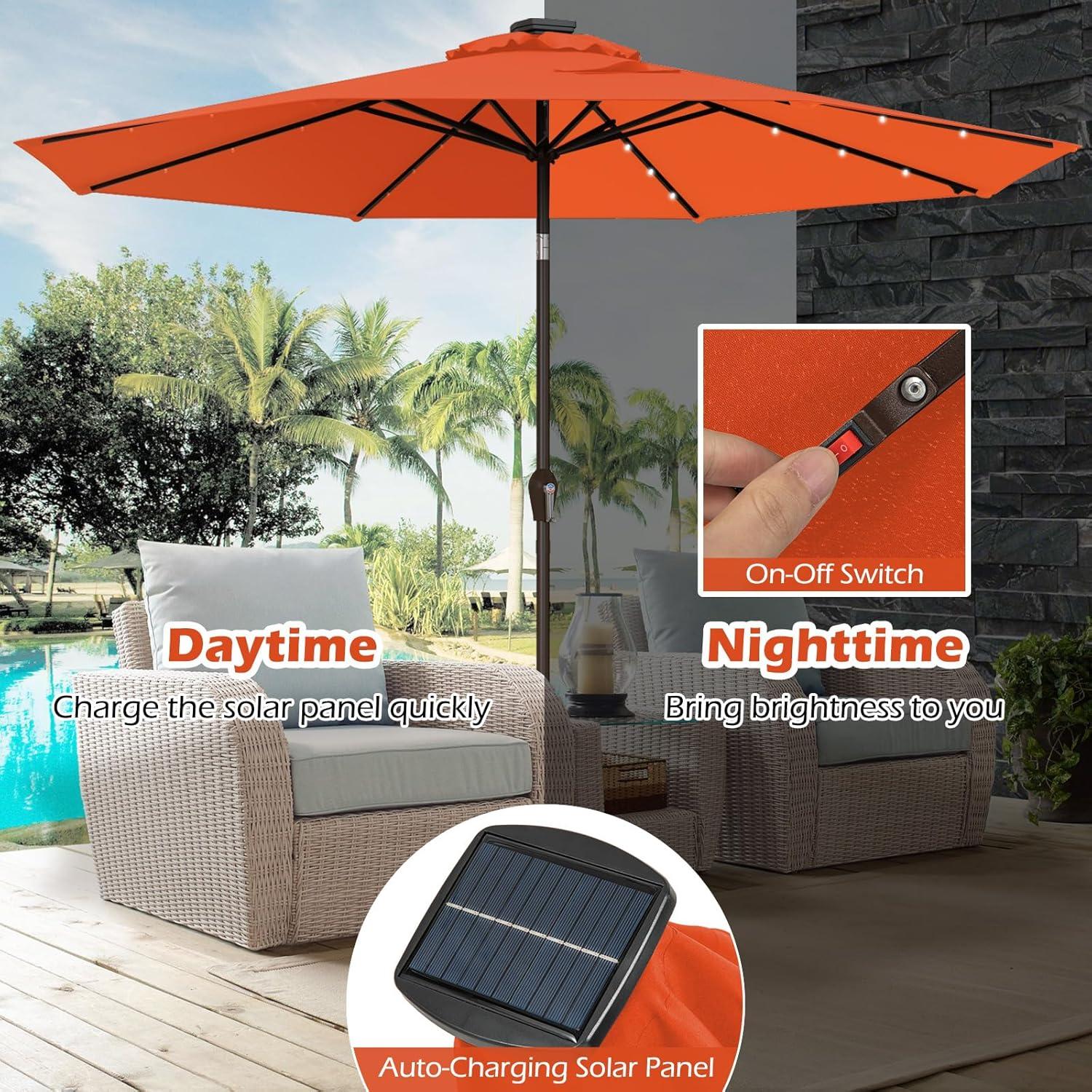 image:imageGiantex 9ft10ft Outdoor Patio umbrella with Solar Lights Table Market Umbrella with Crank and Pushbutton Tilt System Solar LED Lighted Patio Umbrella for Backyard Deck Pool BeachOrange