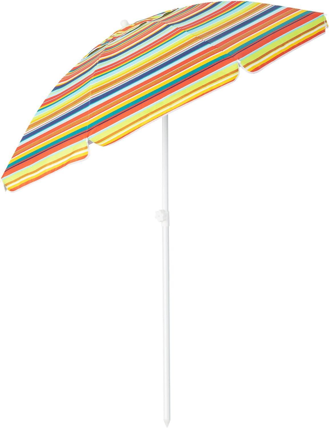image:imageGiantex Beach Umbrella with Cup Holder Table and Sandbag Portable Outdoor Sunshade Umbrella with Carry Bag Tilt Design Sand Anchor Windproof Ventilated for Beach Patio TripOrange Strip