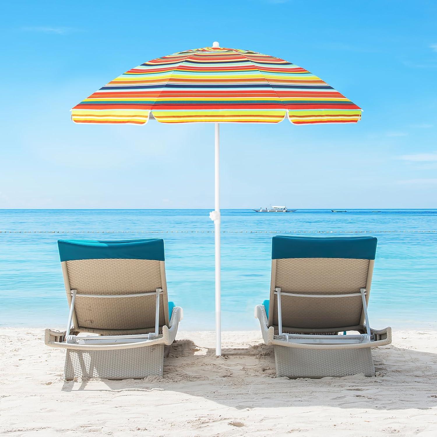 image:imageGiantex Beach Umbrella with Cup Holder Table and Sandbag Portable Outdoor Sunshade Umbrella with Carry Bag Tilt Design Sand Anchor Windproof Ventilated for Beach Patio TripOrange Strip