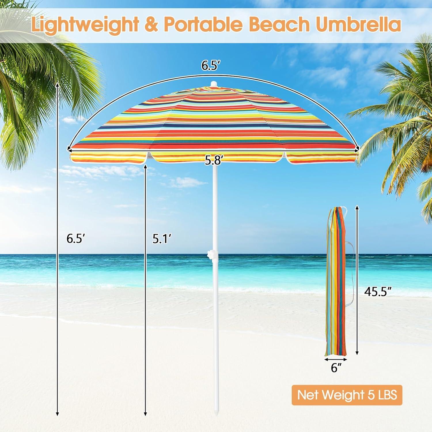 image:imageGiantex Beach Umbrella with Cup Holder Table and Sandbag Portable Outdoor Sunshade Umbrella with Carry Bag Tilt Design Sand Anchor Windproof Ventilated for Beach Patio TripOrange Strip