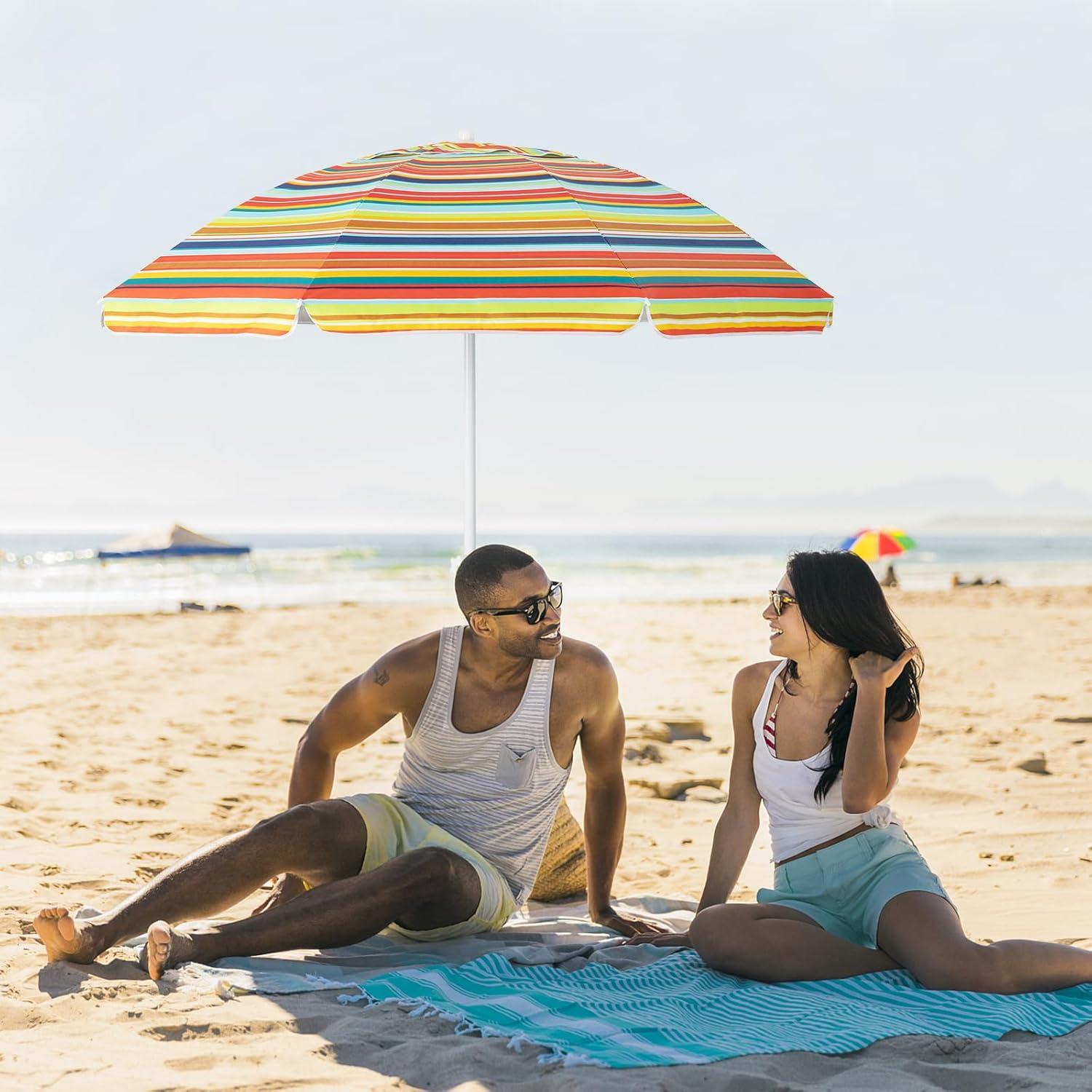 image:imageGiantex Beach Umbrella with Cup Holder Table and Sandbag Portable Outdoor Sunshade Umbrella with Carry Bag Tilt Design Sand Anchor Windproof Ventilated for Beach Patio TripOrange Strip