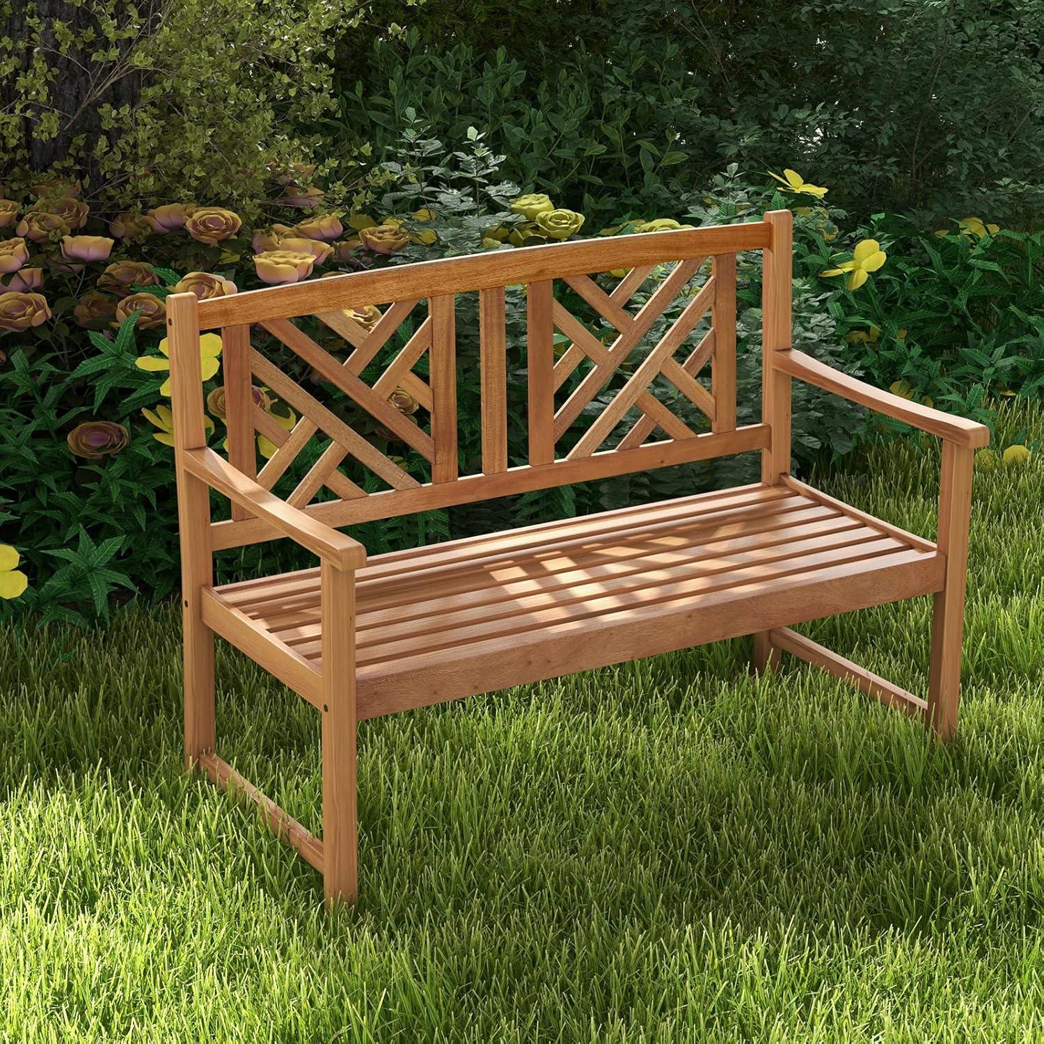 image:imageGiantex Outdoor Wooden Garden Bench 2Person Acacia Wood Loveseat with Armrests Backrest 800lbs Capacity Patio Park Bench for Backyard Front Porch Bench NonFoldableNonFoldable