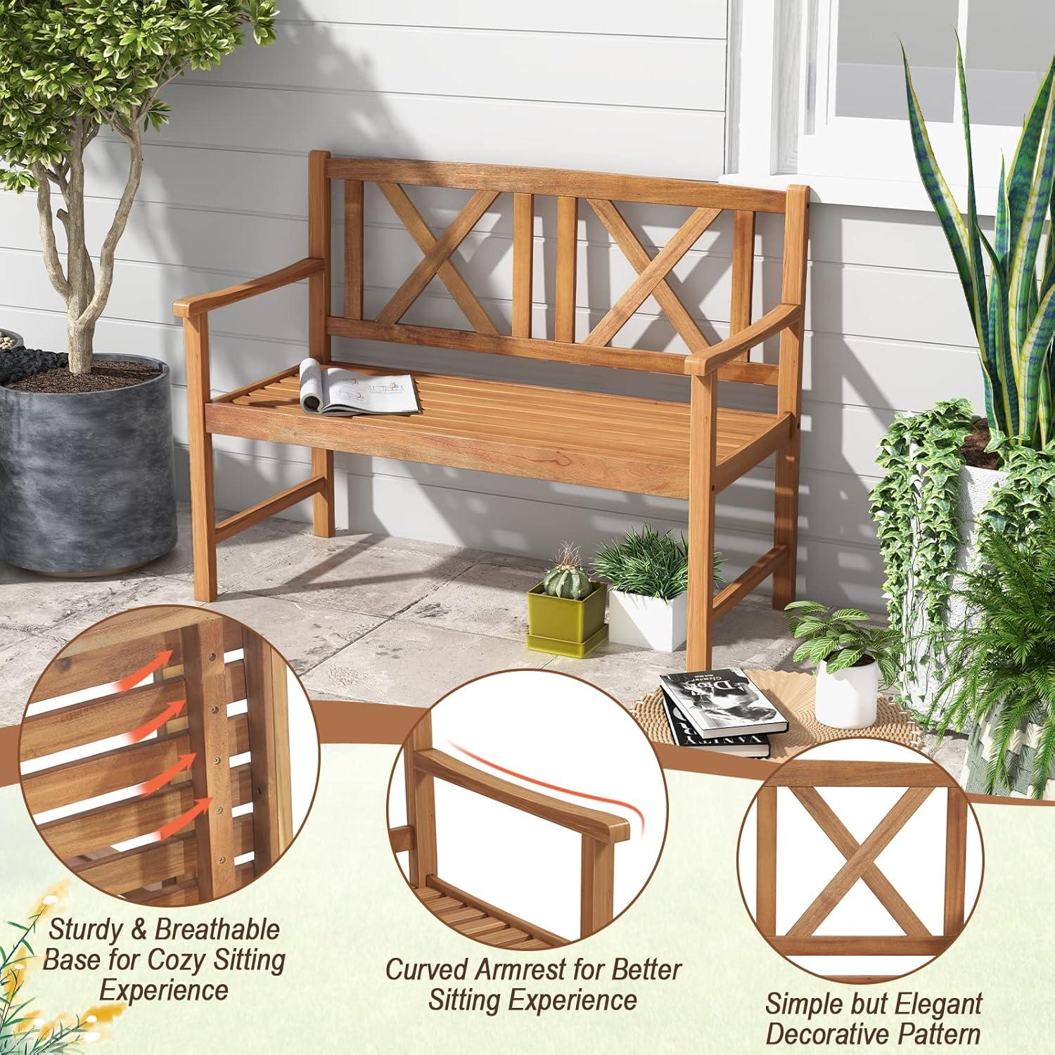 image:imageGiantex Outdoor Wooden Garden Bench 2Person Acacia Wood Loveseat with Armrests Backrest 800lbs Capacity Patio Park Bench for Backyard Front Porch Bench NonFoldableNoncollapsible