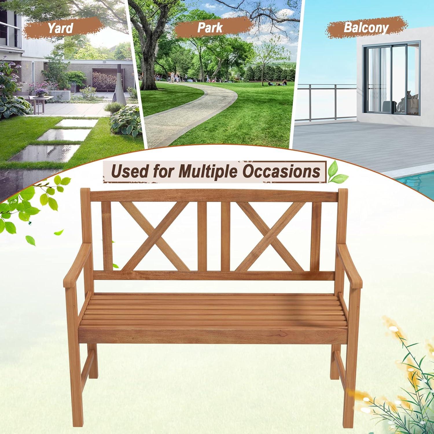 image:imageGiantex Outdoor Wooden Garden Bench 2Person Acacia Wood Loveseat with Armrests Backrest 800lbs Capacity Patio Park Bench for Backyard Front Porch Bench NonFoldableNoncollapsible