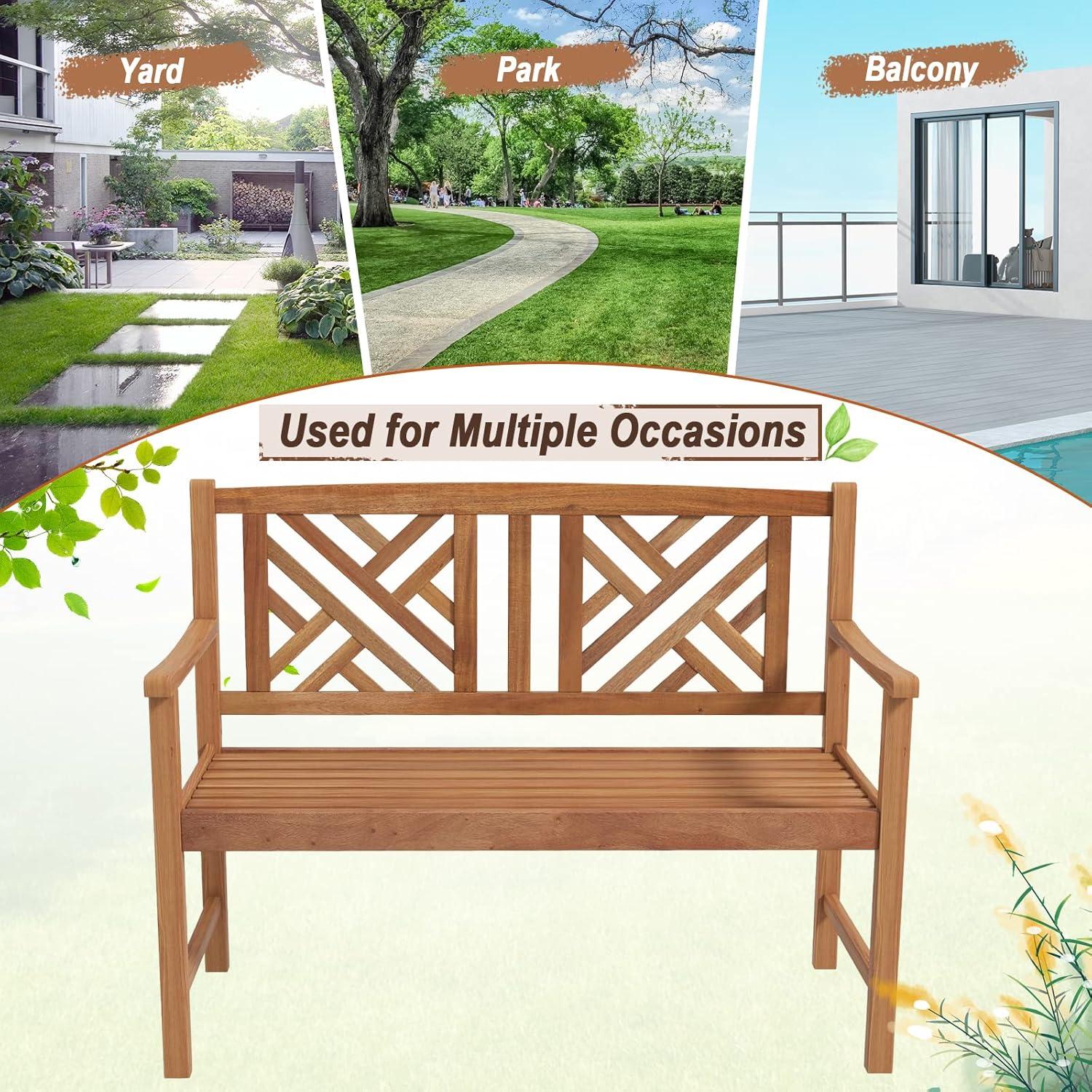 image:imageGiantex Outdoor Wooden Garden Bench 2Person Acacia Wood Loveseat with Armrests Backrest 800lbs Capacity Patio Park Bench for Backyard Front Porch Bench NonFoldableNonFoldable