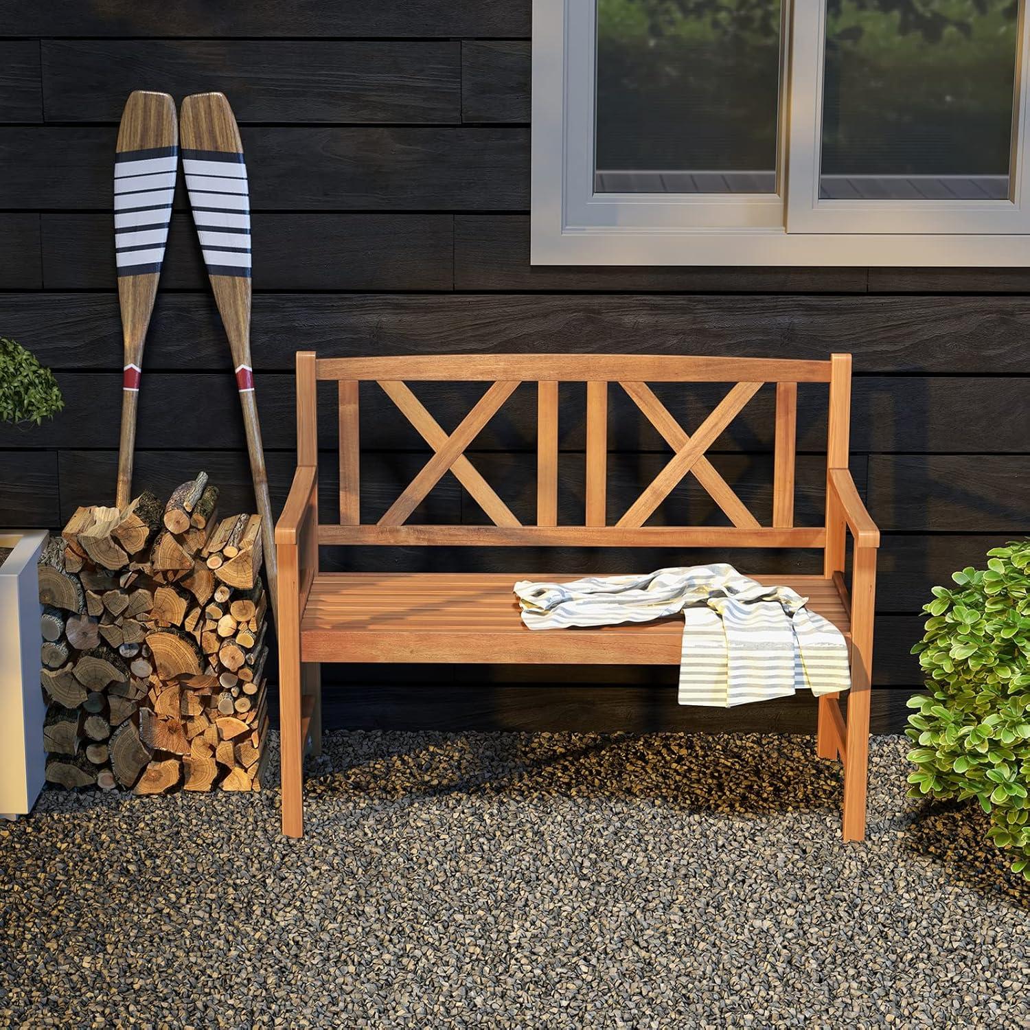image:imageGiantex Outdoor Wooden Garden Bench 2Person Acacia Wood Loveseat with Armrests Backrest 800lbs Capacity Patio Park Bench for Backyard Front Porch Bench NonFoldableNoncollapsible