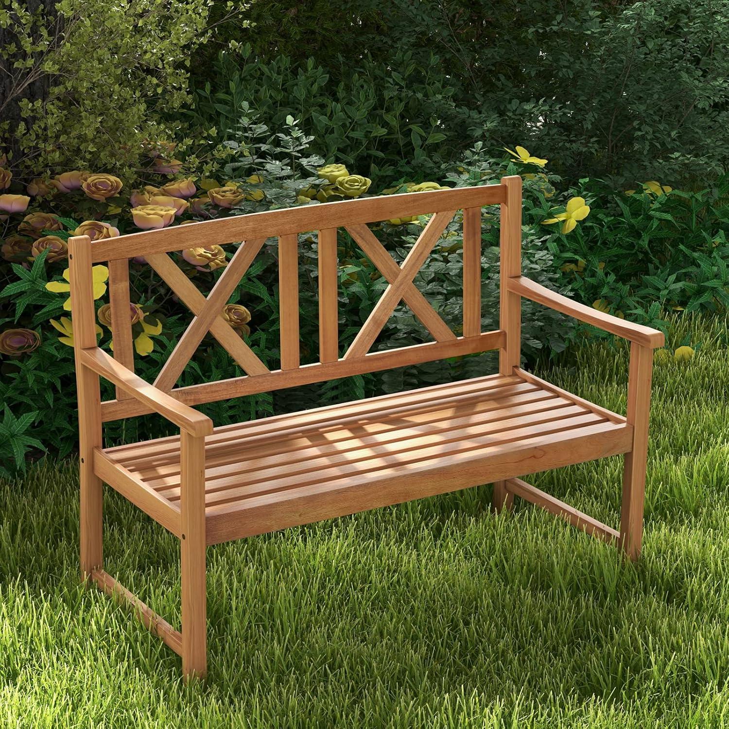 image:imageGiantex Outdoor Wooden Garden Bench 2Person Acacia Wood Loveseat with Armrests Backrest 800lbs Capacity Patio Park Bench for Backyard Front Porch Bench NonFoldableNoncollapsible