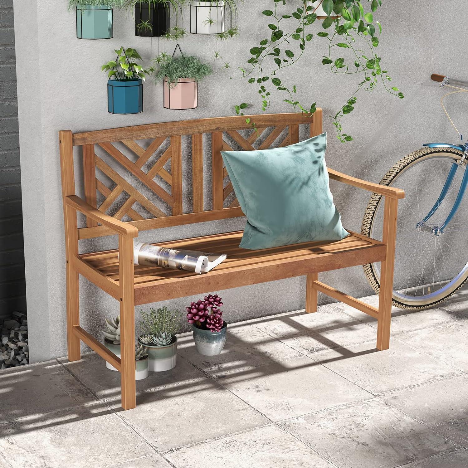image:imageGiantex Outdoor Wooden Garden Bench 2Person Acacia Wood Loveseat with Armrests Backrest 800lbs Capacity Patio Park Bench for Backyard Front Porch Bench NonFoldableNonFoldable