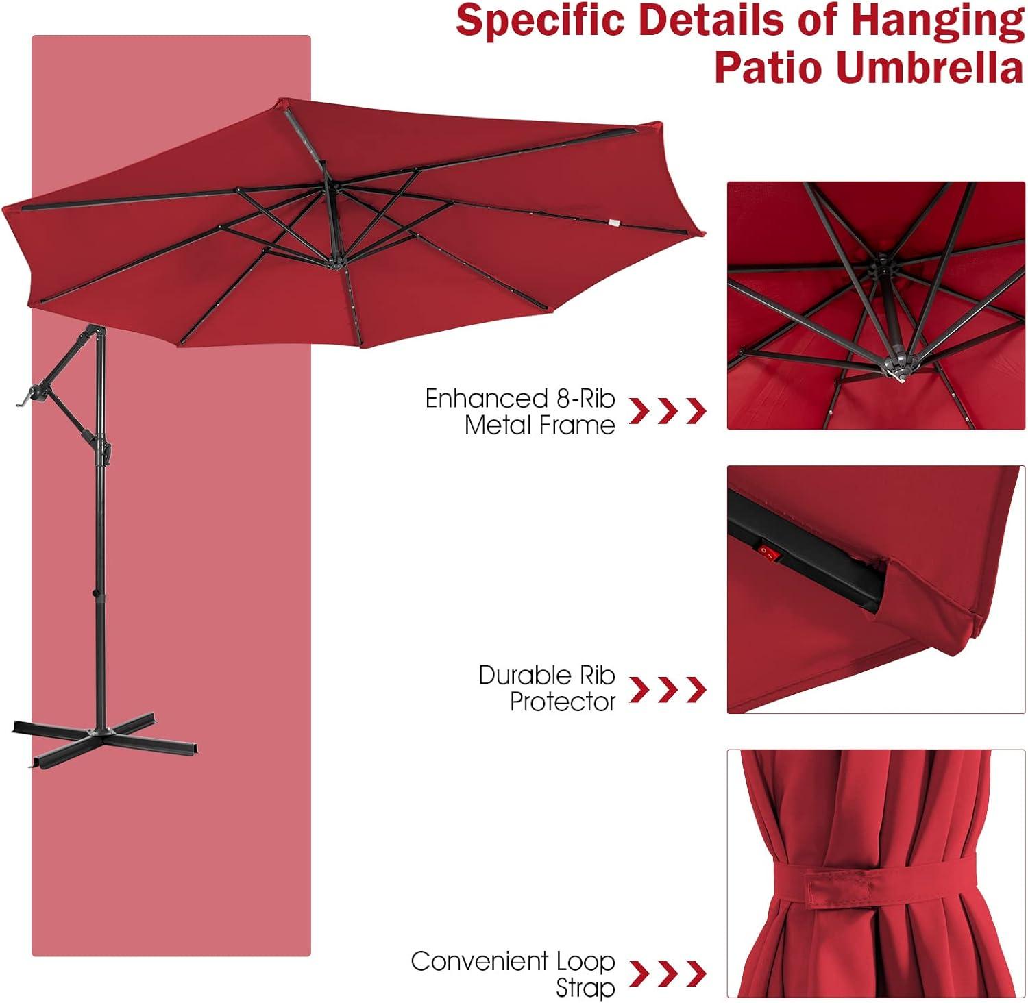 image:imageGiantex Patio Umbrella 10 Ft Pool Umbrellas with 32 LED Lights Solar Powered Offset Umbrella 8 Ribs Cantilever Umbrella with Tilting Adjustment HeavyDuty Outdoor UmbrellasBurgundy