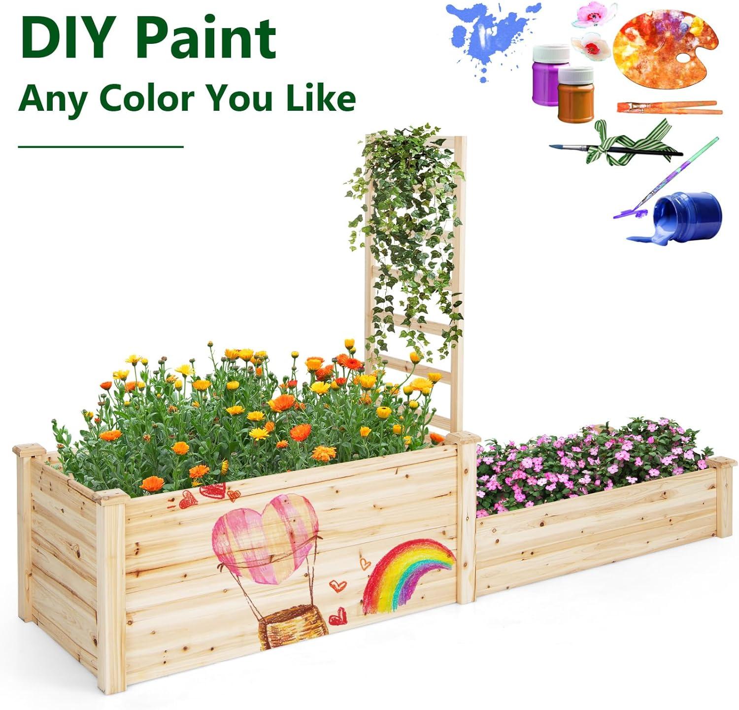 image:imageGiantex Raised Garden Bed with Trellis 93 L x 25 W x 40 H Wood Planter Box for Vegetables Flowers Herbs Fruits Climbing Plants Cucumber Easy Assembly Outdoor Rectangular Floor Gardening Beds88x25x53