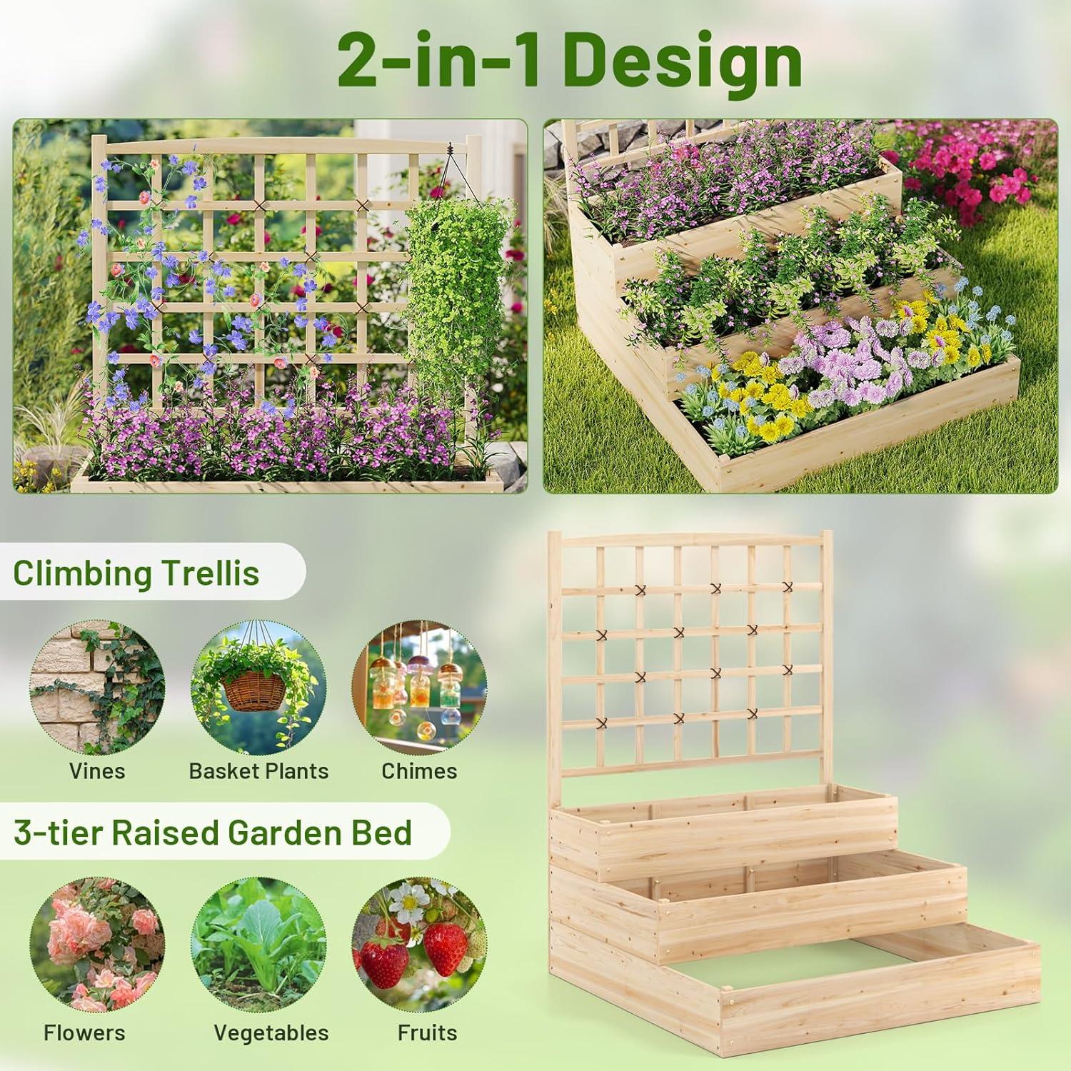 image:imageGiantex Raised Garden Bed with Trellis 93 L x 25 W x 40 H Wood Planter Box for Vegetables Flowers Herbs Fruits Climbing Plants Cucumber Easy Assembly Outdoor Rectangular Floor Gardening Beds44x45x56