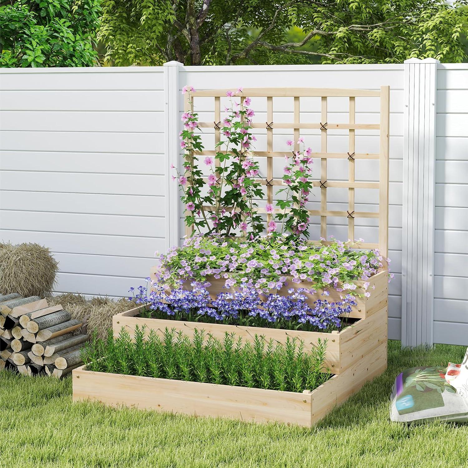 image:imageGiantex Raised Garden Bed with Trellis 93 L x 25 W x 40 H Wood Planter Box for Vegetables Flowers Herbs Fruits Climbing Plants Cucumber Easy Assembly Outdoor Rectangular Floor Gardening Beds44x45x56