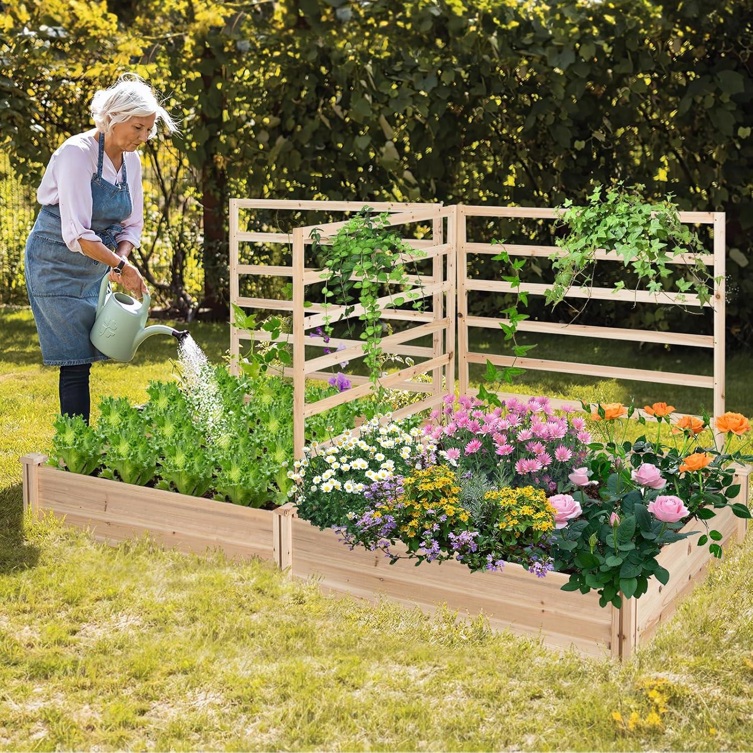 image:imageGiantex Raised Garden Bed with Trellis 93 L x 25 W x 40 H Wood Planter Box for Vegetables Flowers Herbs Fruits Climbing Plants Cucumber Easy Assembly Outdoor Rectangular Floor Gardening Beds88x45x43