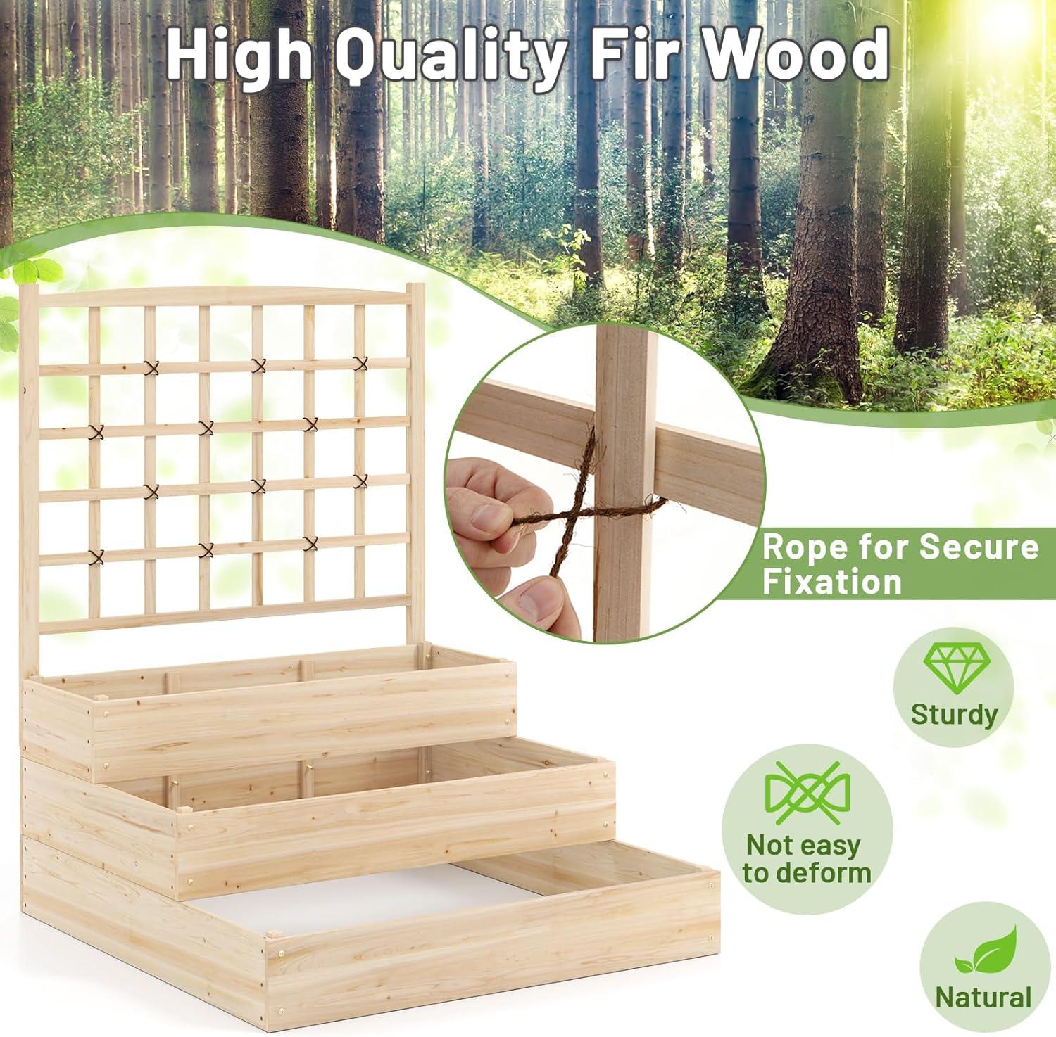 image:imageGiantex Raised Garden Bed with Trellis 93 L x 25 W x 40 H Wood Planter Box for Vegetables Flowers Herbs Fruits Climbing Plants Cucumber Easy Assembly Outdoor Rectangular Floor Gardening Beds44x45x56