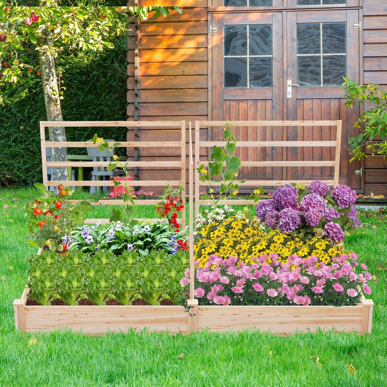 image:imageGiantex Raised Garden Bed with Trellis 93 L x 25 W x 40 H Wood Planter Box for Vegetables Flowers Herbs Fruits Climbing Plants Cucumber Easy Assembly Outdoor Rectangular Floor Gardening Beds88x45x43