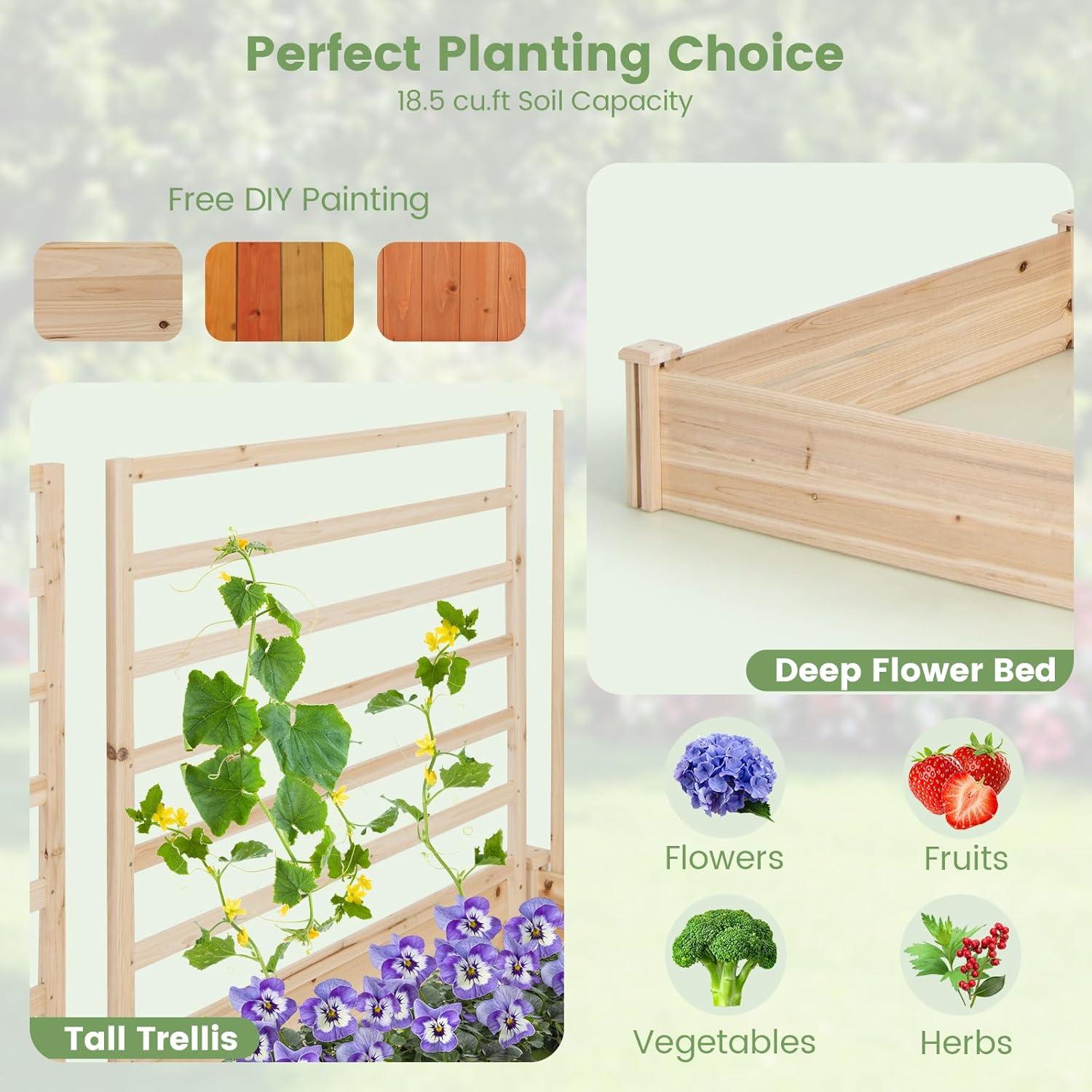 image:imageGiantex Raised Garden Bed with Trellis 93 L x 25 W x 40 H Wood Planter Box for Vegetables Flowers Herbs Fruits Climbing Plants Cucumber Easy Assembly Outdoor Rectangular Floor Gardening Beds88x45x43