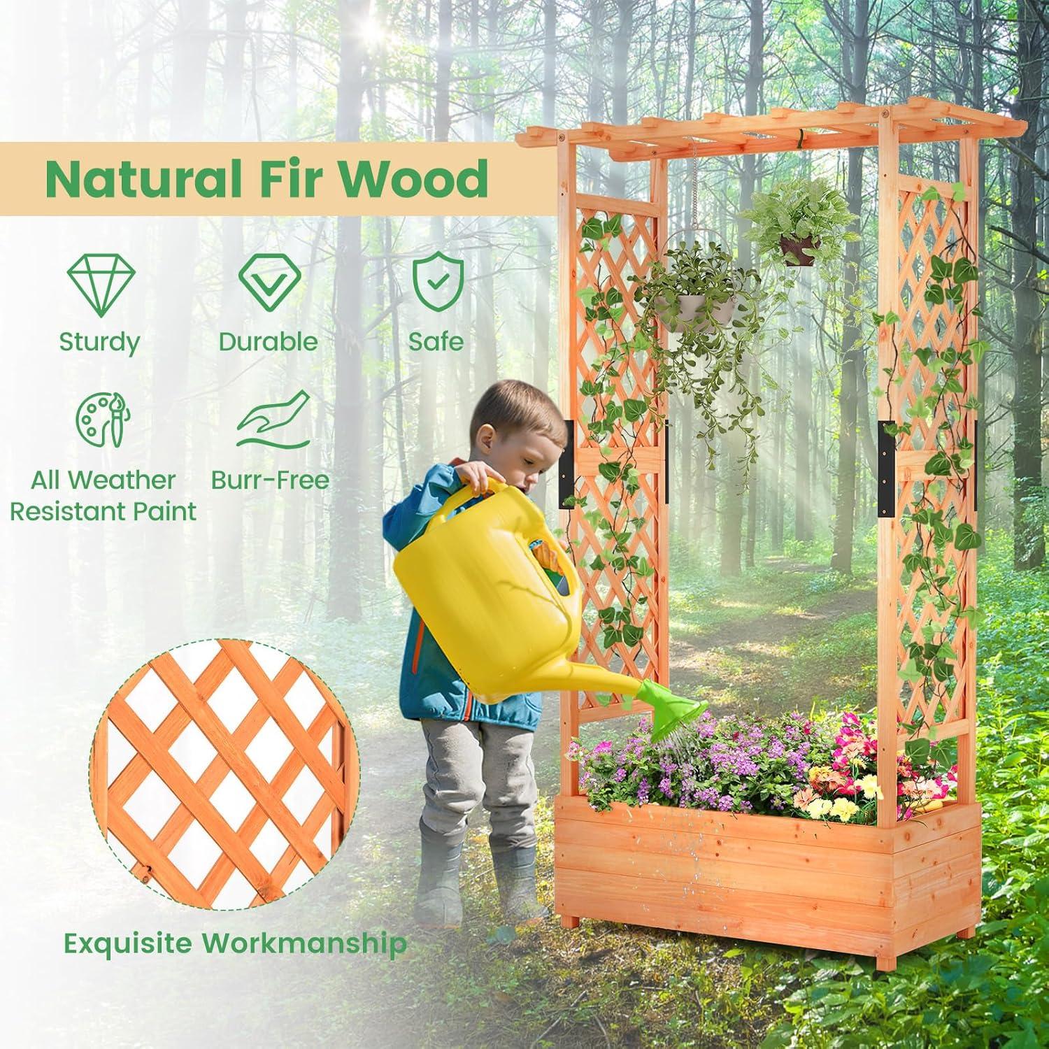 image:imageGiantex Raised Garden Bed with Trellis amp Hanging Roof Wood Planter Box with Bottom and Drainage Holes Freestanding Garden Planter for Flower Vegetable Fruit Herb Climbing Vines 79 x 175 x 451