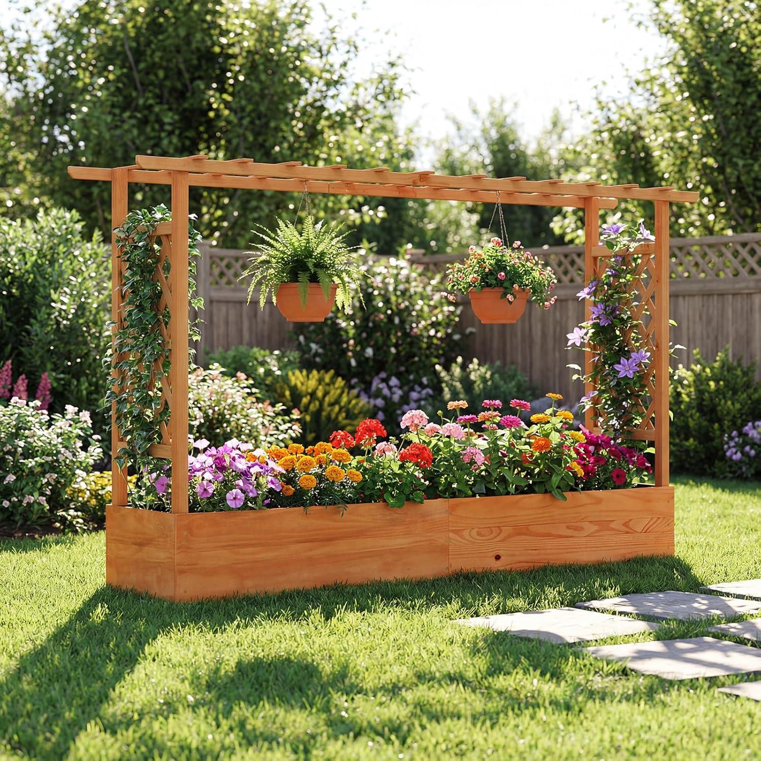 image:imageGiantex Raised Garden Bed with Trellis amp Hanging Roof Wood Planter Box with Bottom and Drainage Holes Freestanding Garden Planter for Flower Vegetable Fruit Herb Climbing Vines 79 x 175 x 451