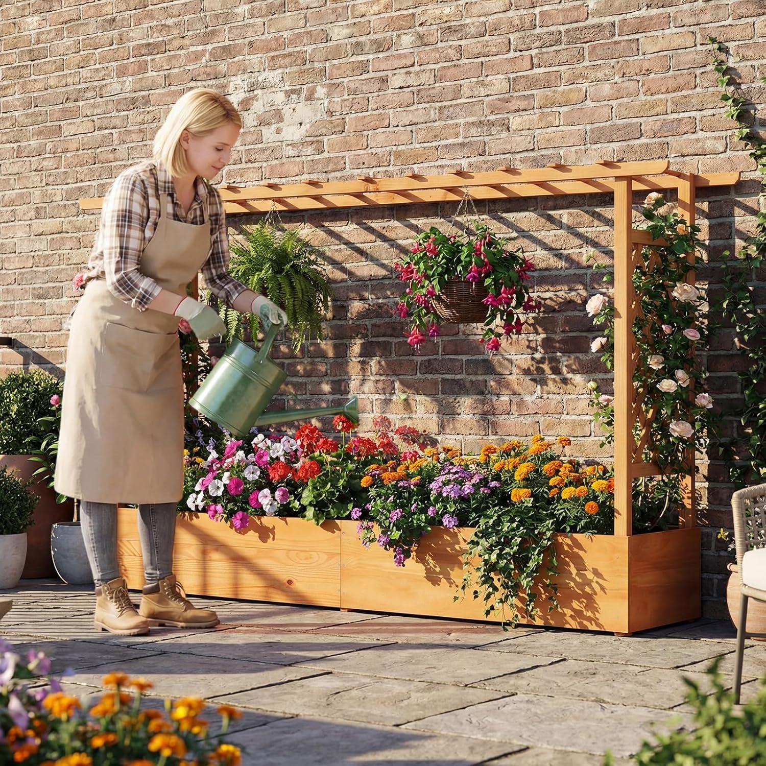 image:imageGiantex Raised Garden Bed with Trellis amp Hanging Roof Wood Planter Box with Bottom and Drainage Holes Freestanding Garden Planter for Flower Vegetable Fruit Herb Climbing Vines 79 x 175 x 451