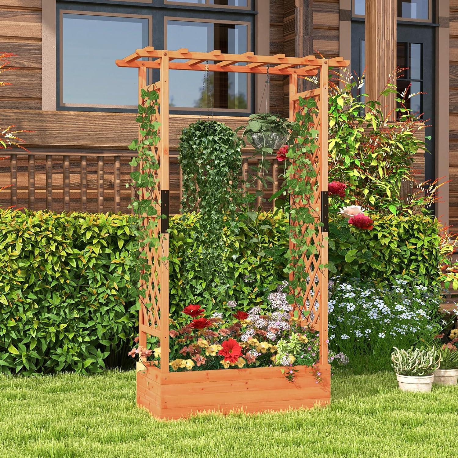 image:imageGiantex Raised Garden Bed with Trellis amp Hanging Roof Wood Planter Box with Bottom and Drainage Holes Freestanding Garden Planter for Flower Vegetable Fruit Herb Climbing Vines 79 x 175 x 451
