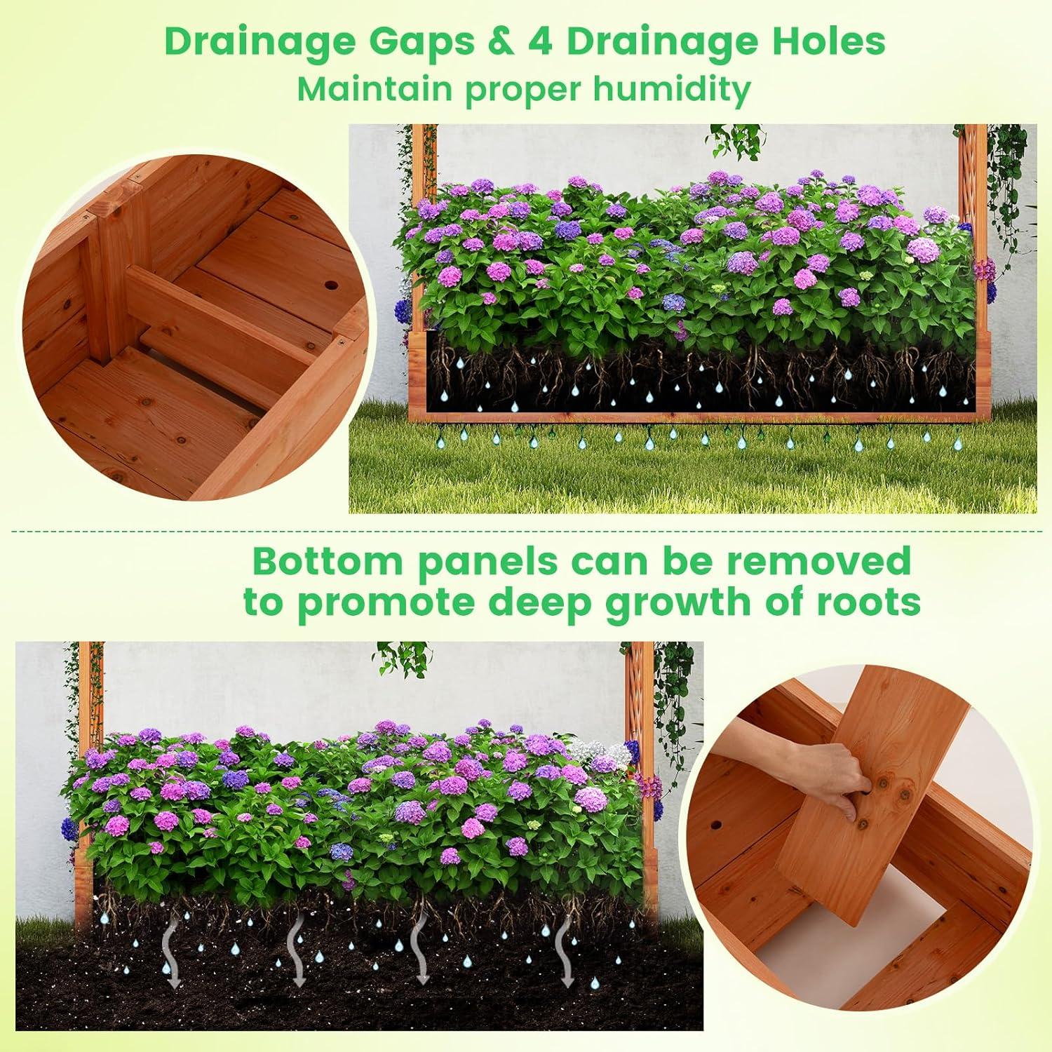 image:imageGiantex Raised Garden Bed with Trellis amp Hanging Roof Wood Planter Box with Bottom and Drainage Holes Freestanding Garden Planter for Flower Vegetable Fruit Herb Climbing Vines 79 x 175 x 451