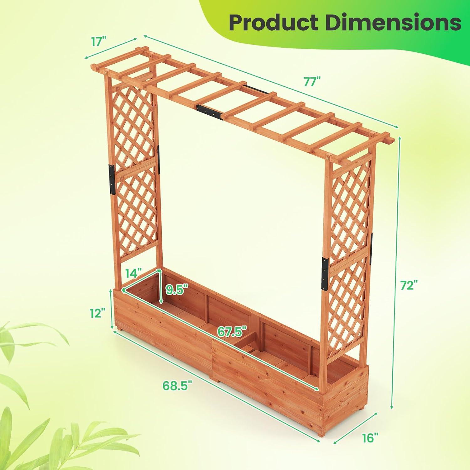 image:imageGiantex Raised Garden Bed with Trellis amp Hanging Roof Wood Planter Box with Bottom and Drainage Holes Freestanding Garden Planter for Flower Vegetable Fruit Herb Climbing Vines 79 x 175 x 451