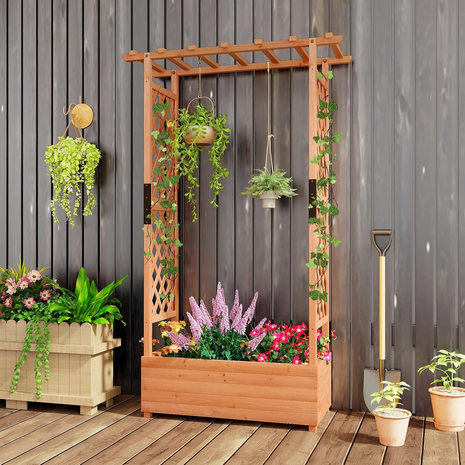 image:imageGiantex Raised Garden Bed with Trellis amp Hanging Roof Wood Planter Box with Bottom and Drainage Holes Freestanding Garden Planter for Flower Vegetable Fruit Herb Climbing Vines 79 x 175 x 451