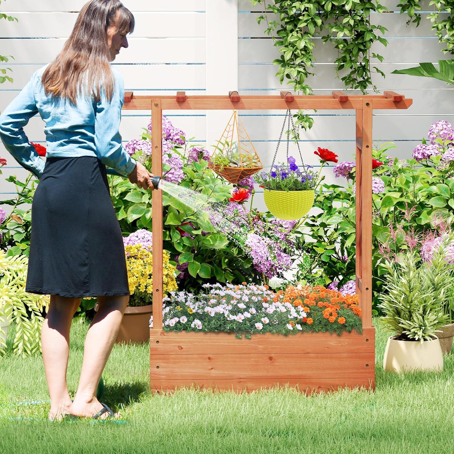 image:imageGiantex Raised Garden Bed with Trellis amp Hanging Roof Wood Planter Box with Bottom and Drainage Holes Freestanding Garden Planter for Flower Vegetable Fruit Herb Climbing Vines 79 x 175 x 451
