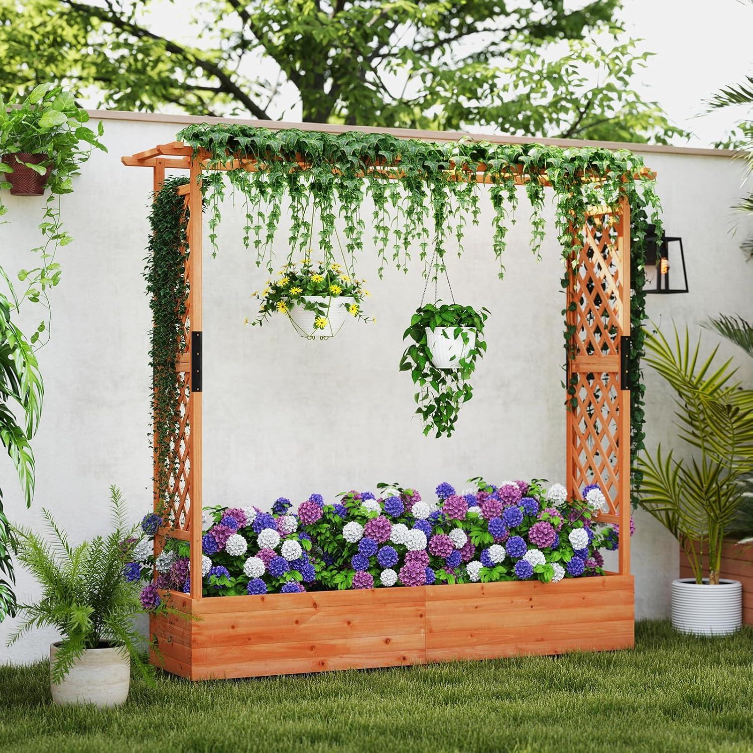image:imageGiantex Raised Garden Bed with Trellis amp Hanging Roof Wood Planter Box with Bottom and Drainage Holes Freestanding Garden Planter for Flower Vegetable Fruit Herb Climbing Vines 79 x 175 x 451