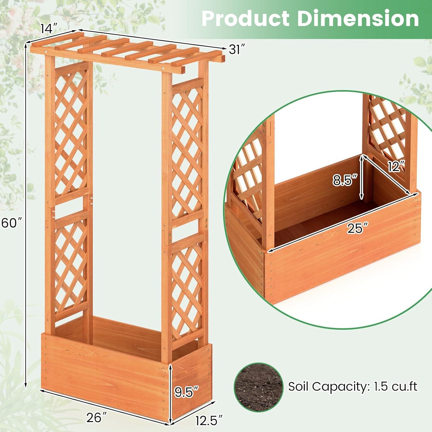 image:imageGiantex Raised Garden Bed with Trellis amp Hanging Roof Wood Planter Box with Bottom and Drainage Holes Freestanding Garden Planter for Flower Vegetable Fruit Herb Climbing Vines 79 x 175 x 451
