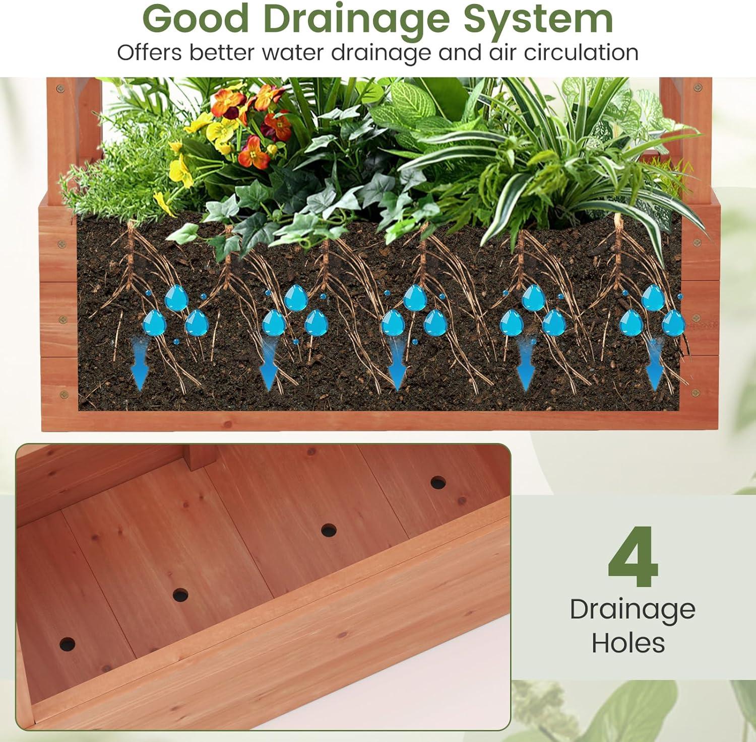 image:imageGiantex Raised Garden Bed with Trellis amp Hanging Roof Wood Planter Box with Bottom and Drainage Holes Freestanding Garden Planter for Flower Vegetable Fruit Herb Climbing Vines 79 x 175 x 451