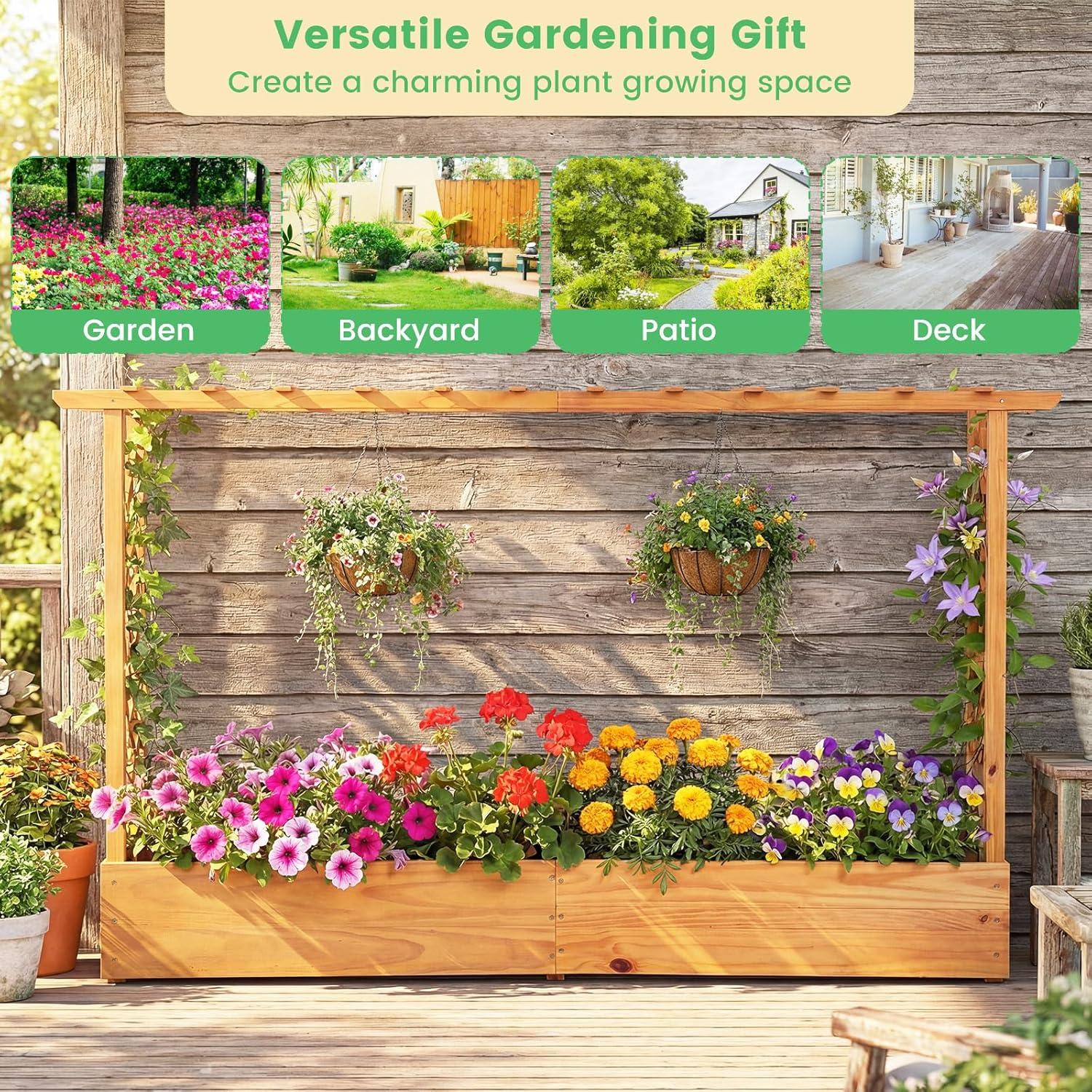 image:imageGiantex Raised Garden Bed with Trellis amp Hanging Roof Wood Planter Box with Bottom and Drainage Holes Freestanding Garden Planter for Flower Vegetable Fruit Herb Climbing Vines 79 x 175 x 451