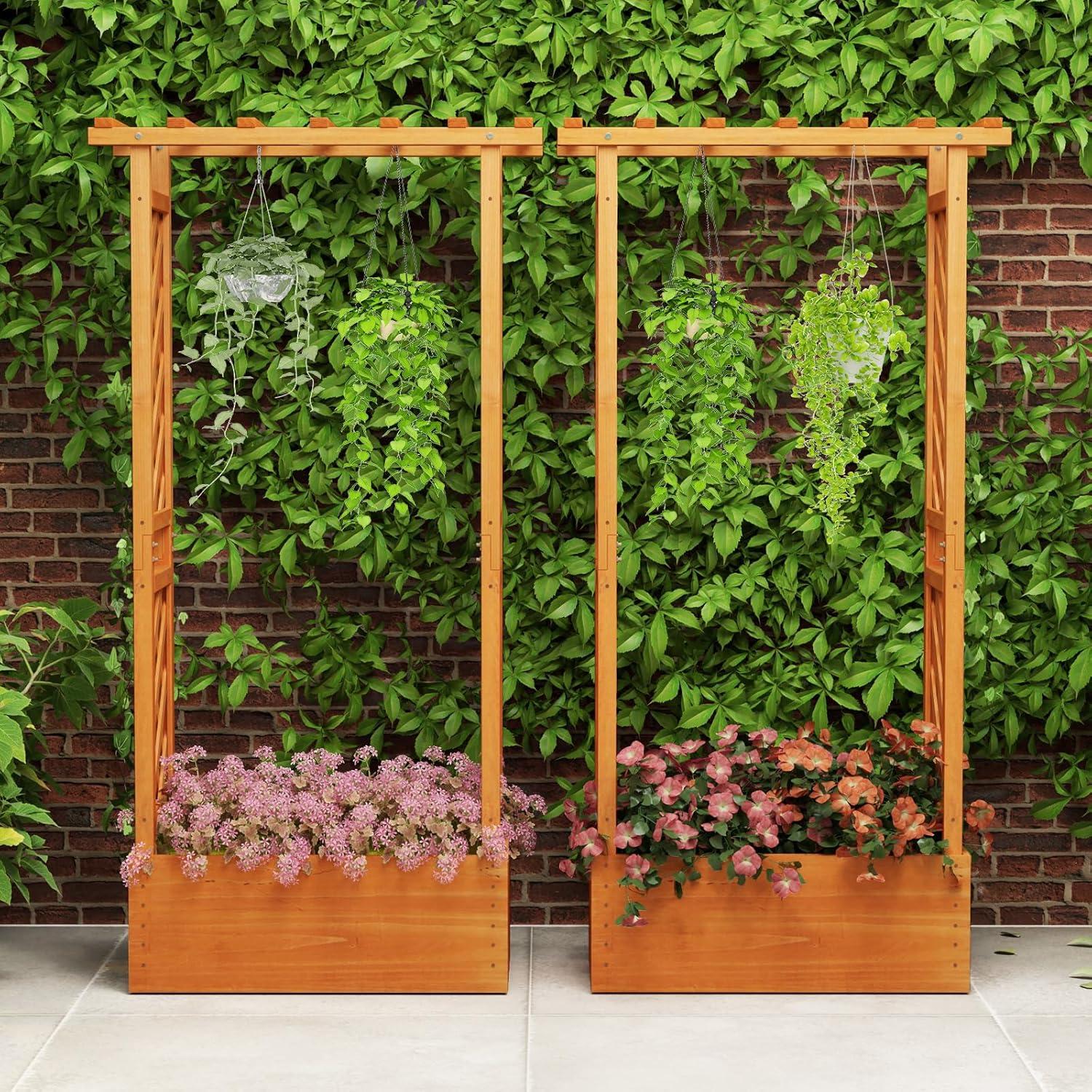 image:imageGiantex Raised Garden Bed with Trellis amp Hanging Roof Wood Planter Box with Bottom and Drainage Holes Freestanding Garden Planter for Flower Vegetable Fruit Herb Climbing Vines 79 x 175 x 451