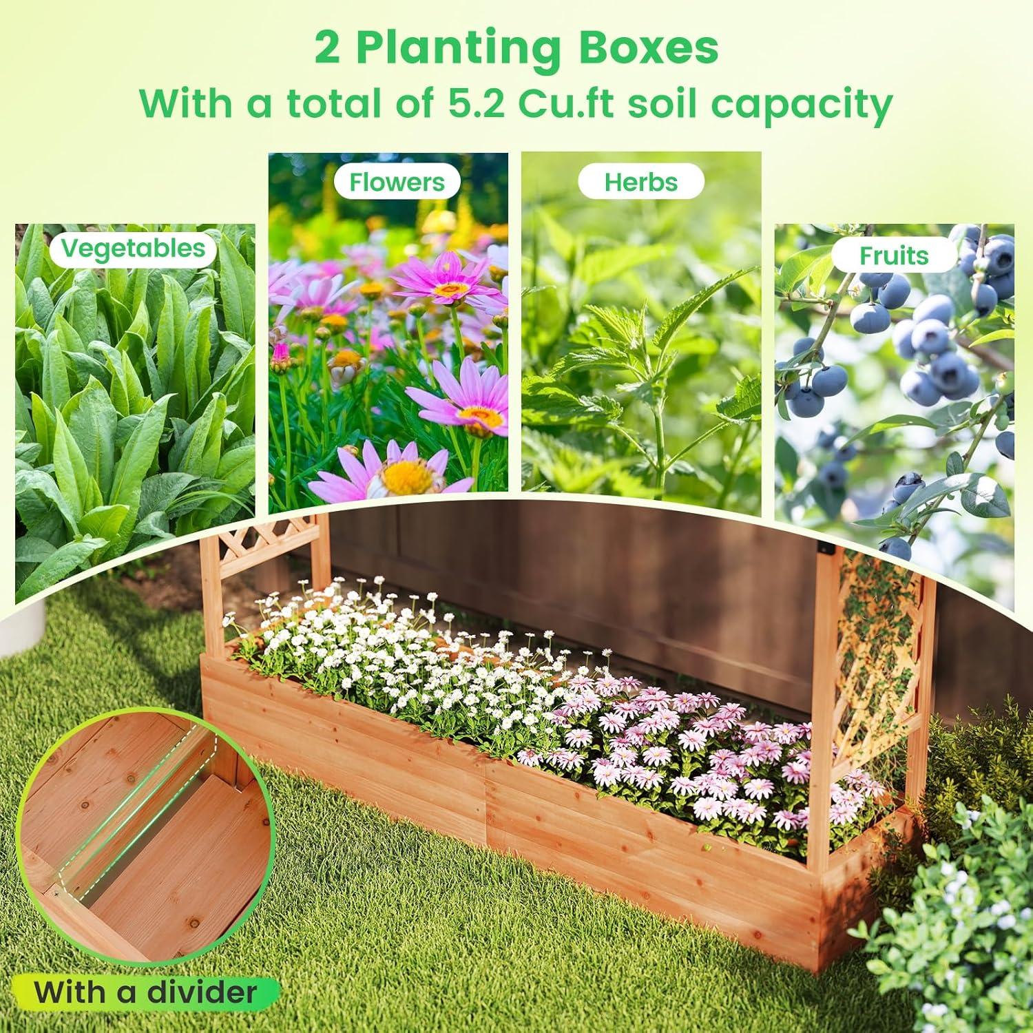 image:imageGiantex Raised Garden Bed with Trellis amp Hanging Roof Wood Planter Box with Bottom and Drainage Holes Freestanding Garden Planter for Flower Vegetable Fruit Herb Climbing Vines 79 x 175 x 451