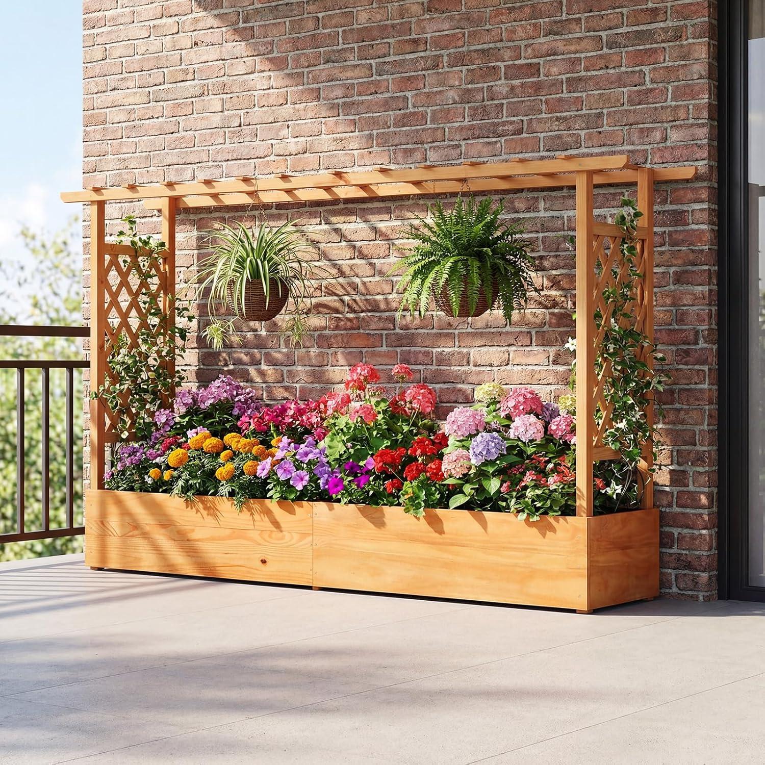 image:imageGiantex Raised Garden Bed with Trellis amp Hanging Roof Wood Planter Box with Bottom and Drainage Holes Freestanding Garden Planter for Flower Vegetable Fruit Herb Climbing Vines 79 x 175 x 451
