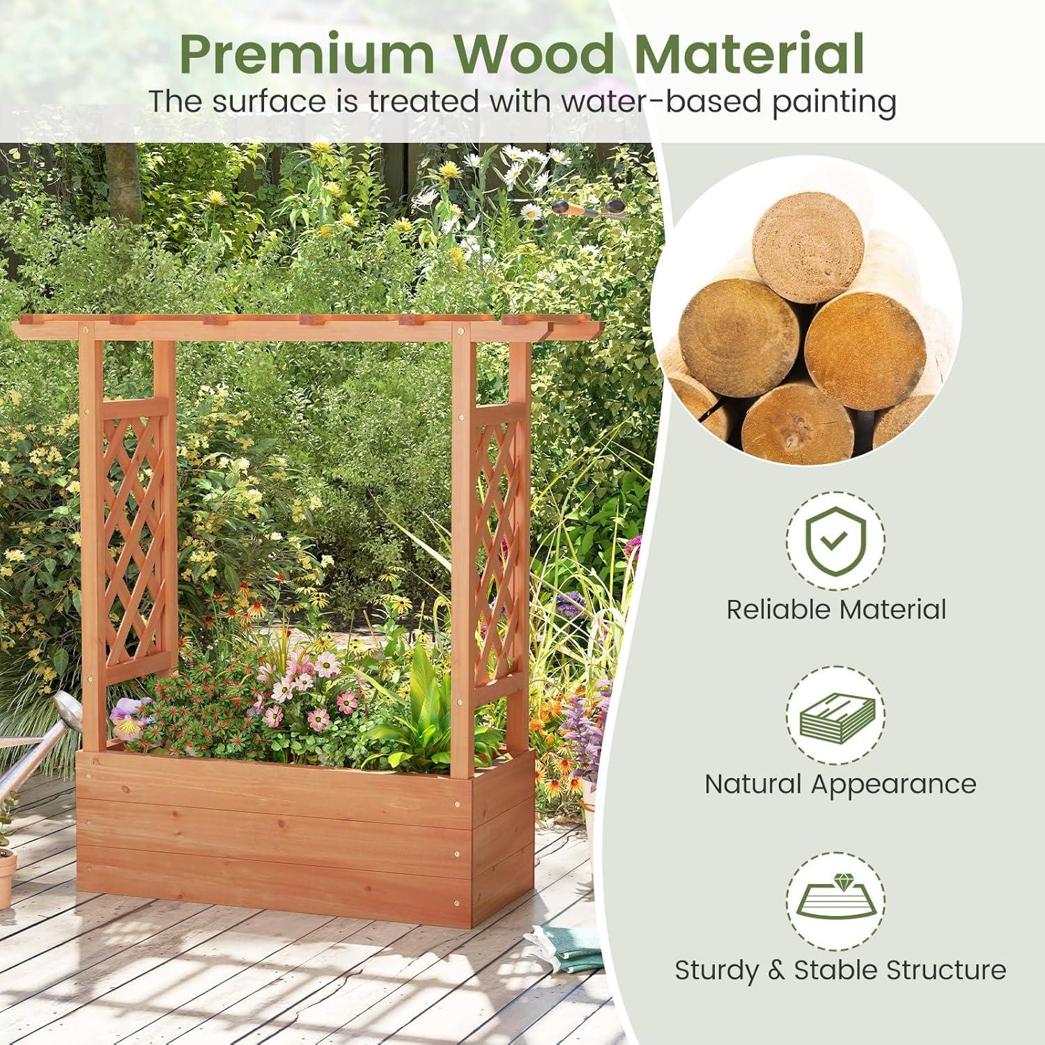 image:imageGiantex Raised Garden Bed with Trellis amp Hanging Roof Wood Planter Box with Bottom and Drainage Holes Freestanding Garden Planter for Flower Vegetable Fruit Herb Climbing Vines 79 x 175 x 451
