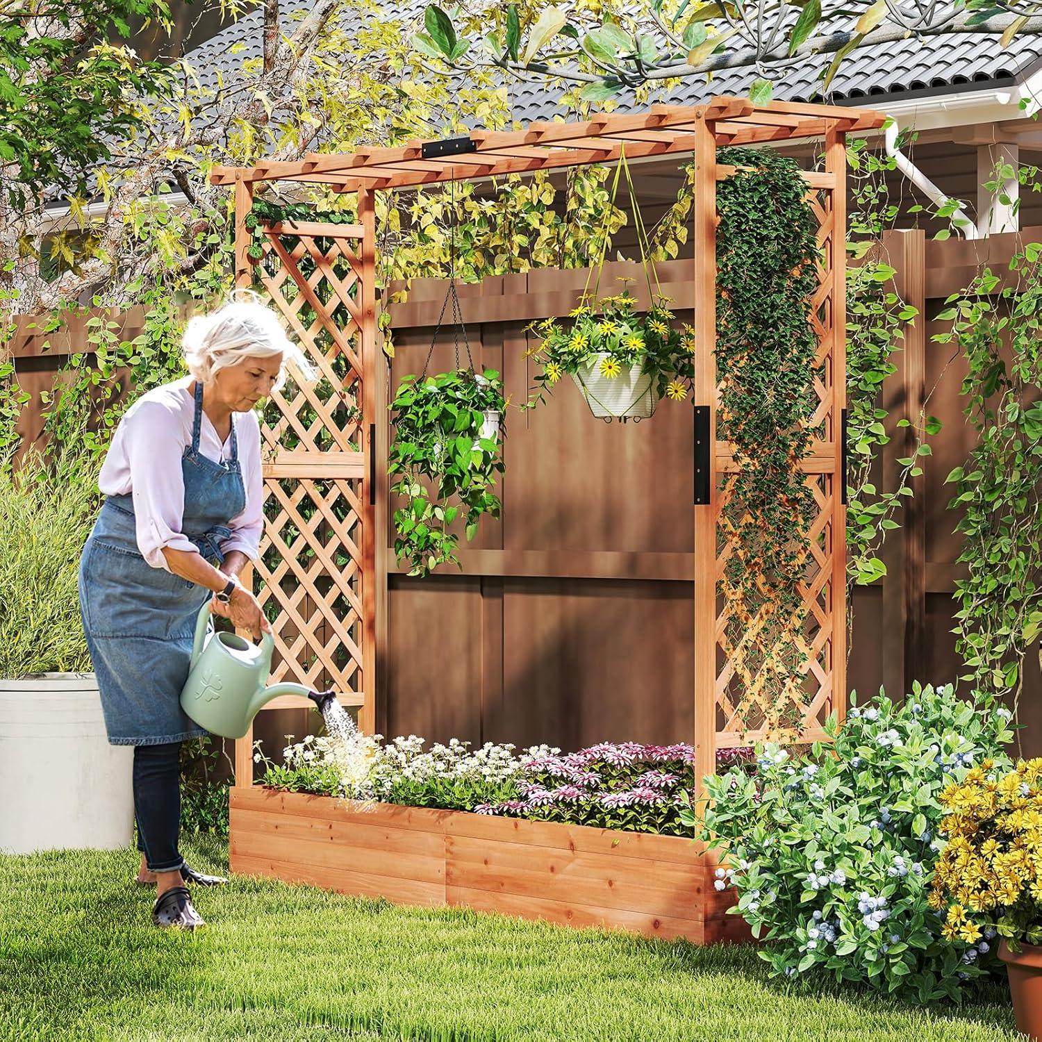 image:imageGiantex Raised Garden Bed with Trellis amp Hanging Roof Wood Planter Box with Bottom and Drainage Holes Freestanding Garden Planter for Flower Vegetable Fruit Herb Climbing Vines 79 x 175 x 451