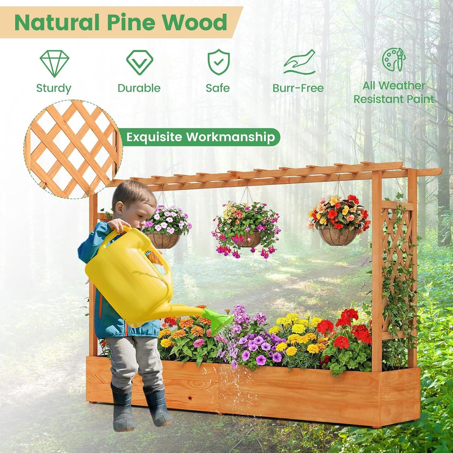 image:imageGiantex Raised Garden Bed with Trellis amp Hanging Roof Wood Planter Box with Bottom and Drainage Holes Freestanding Garden Planter for Flower Vegetable Fruit Herb Climbing Vines 79 x 175 x 451