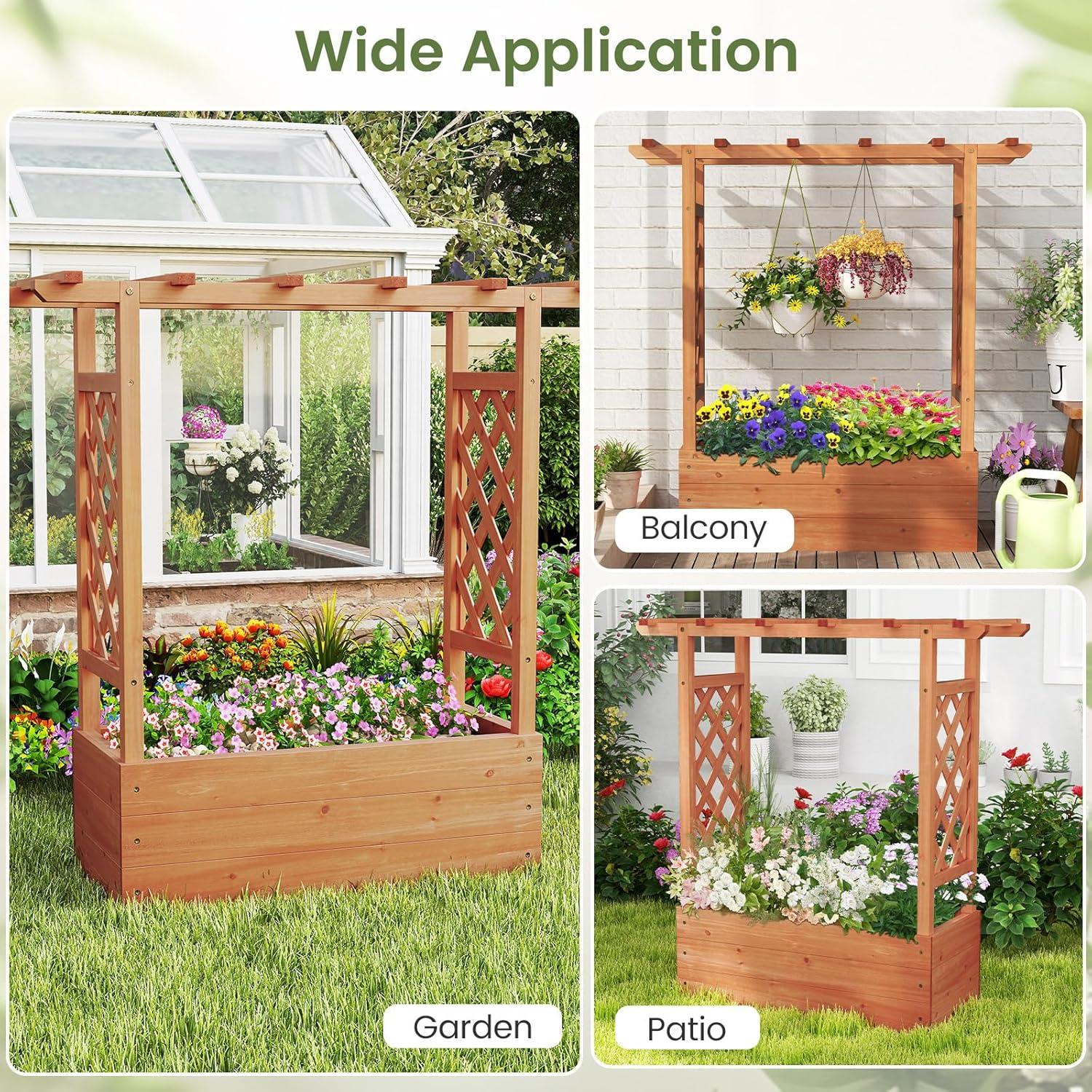 image:imageGiantex Raised Garden Bed with Trellis amp Hanging Roof Wood Planter Box with Bottom and Drainage Holes Freestanding Garden Planter for Flower Vegetable Fruit Herb Climbing Vines 79 x 175 x 451