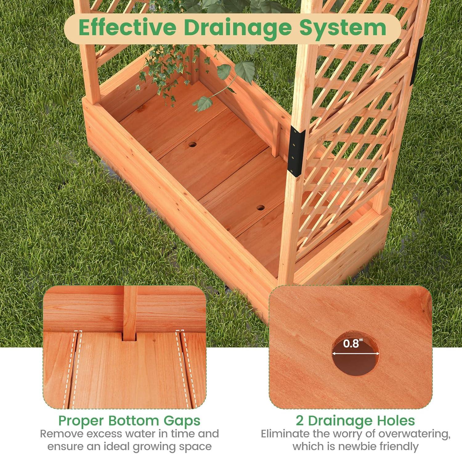 image:imageGiantex Raised Garden Bed with Trellis amp Hanging Roof Wood Planter Box with Bottom and Drainage Holes Freestanding Garden Planter for Flower Vegetable Fruit Herb Climbing Vines 79 x 175 x 451
