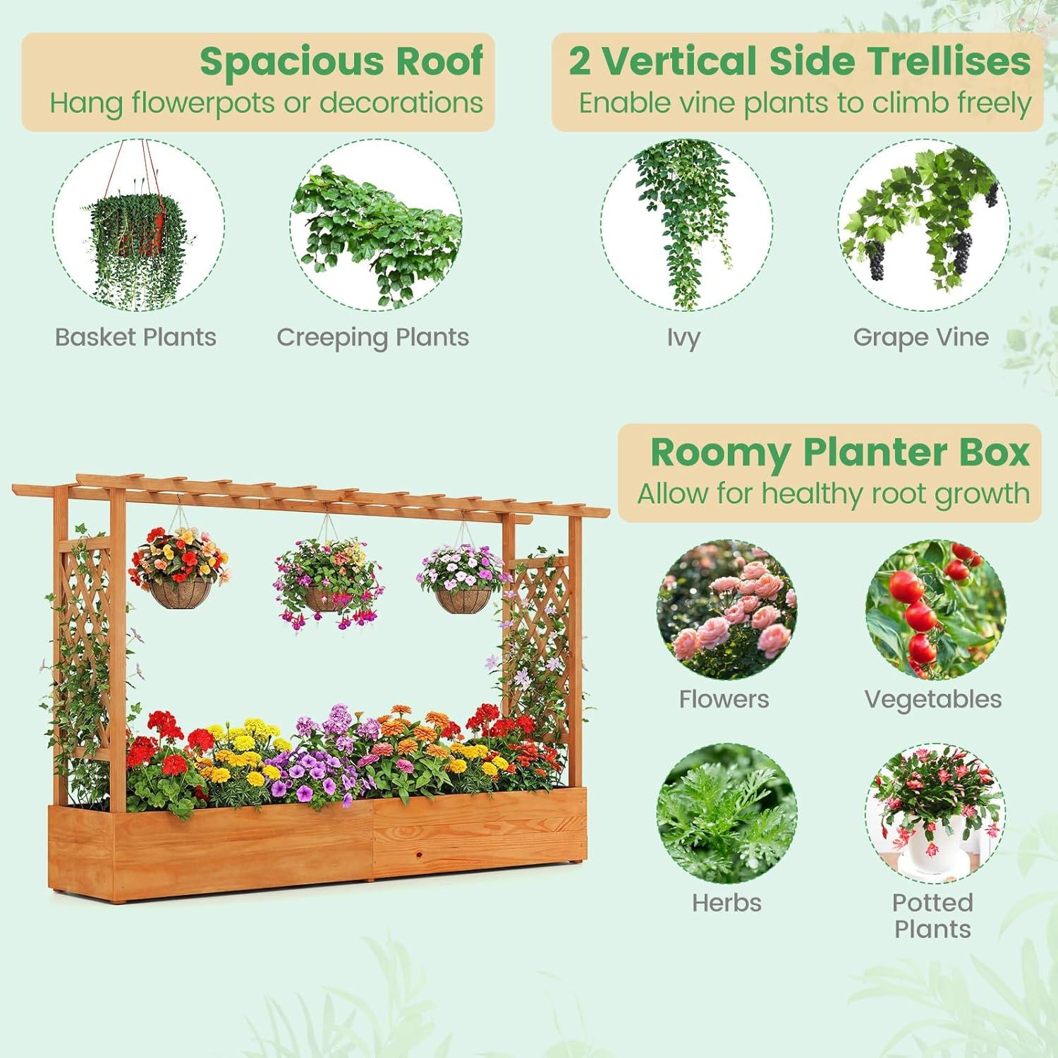 image:imageGiantex Raised Garden Bed with Trellis amp Hanging Roof Wood Planter Box with Bottom and Drainage Holes Freestanding Garden Planter for Flower Vegetable Fruit Herb Climbing Vines 79 x 175 x 451