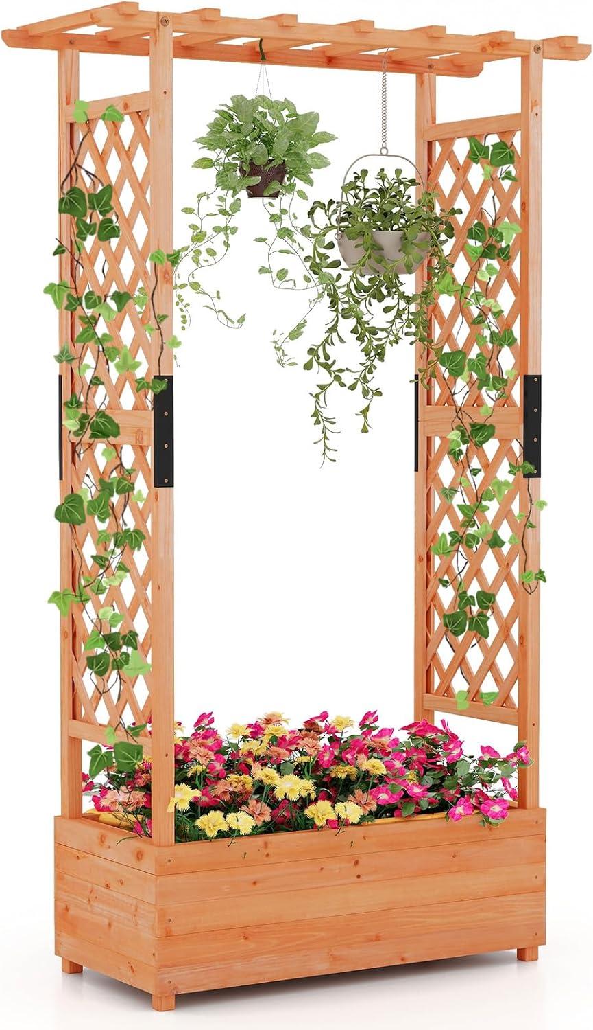 image:imageGiantex Raised Garden Bed with Trellis amp Hanging Roof Wood Planter Box with Bottom and Drainage Holes Freestanding Garden Planter for Flower Vegetable Fruit Herb Climbing Vines 79 x 175 x 451