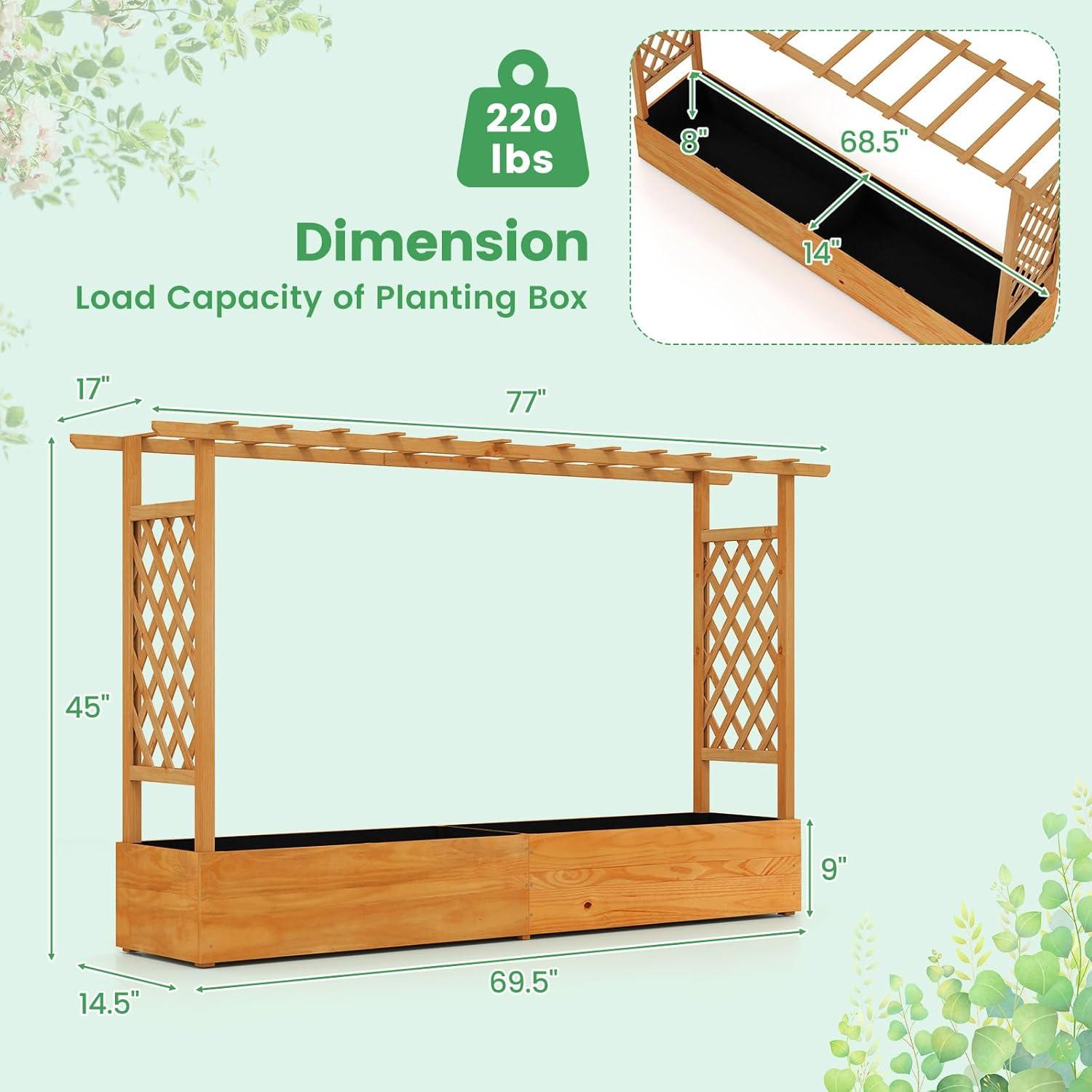 image:imageGiantex Raised Garden Bed with Trellis amp Hanging Roof Wood Planter Box with Bottom and Drainage Holes Freestanding Garden Planter for Flower Vegetable Fruit Herb Climbing Vines 79 x 175 x 451