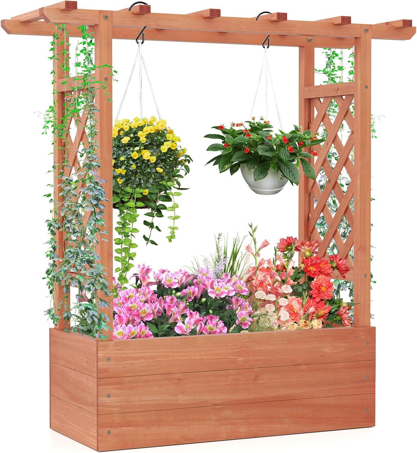 image:imageGiantex Raised Garden Bed with Trellis amp Hanging Roof Wood Planter Box with Bottom and Drainage Holes Freestanding Garden Planter for Flower Vegetable Fruit Herb Climbing Vines 79 x 175 x 451