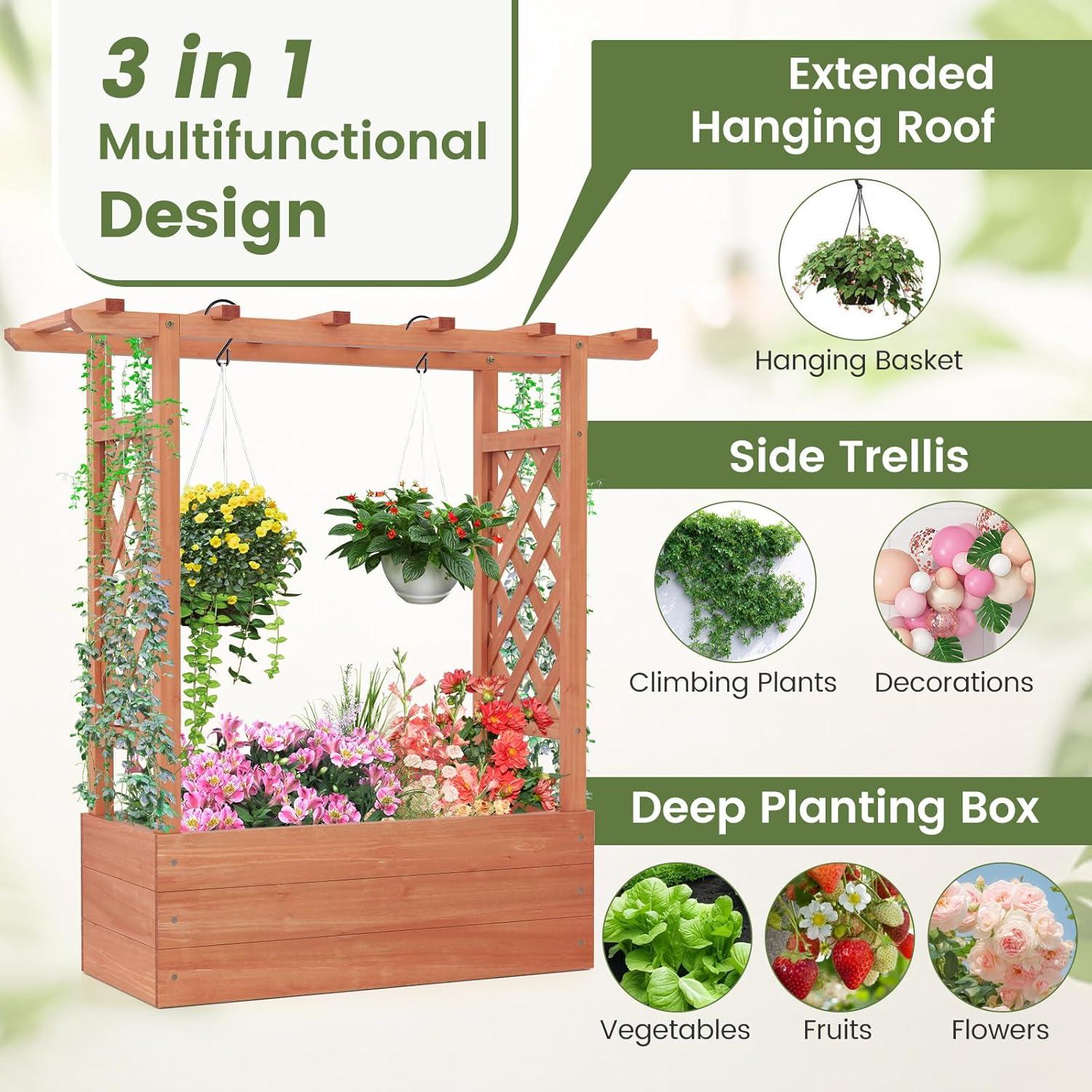 image:imageGiantex Raised Garden Bed with Trellis amp Hanging Roof Wood Planter Box with Bottom and Drainage Holes Freestanding Garden Planter for Flower Vegetable Fruit Herb Climbing Vines 79 x 175 x 451