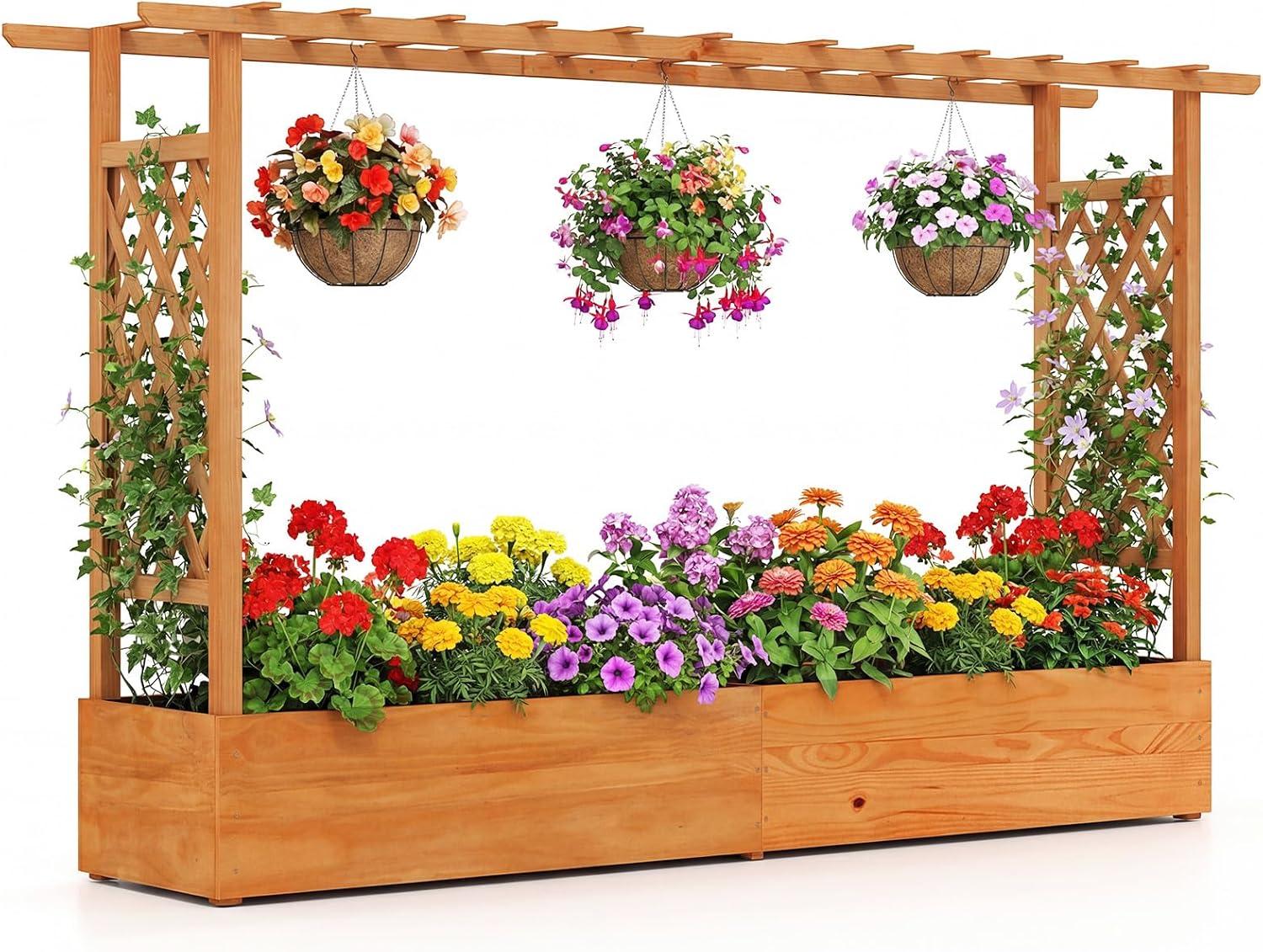image:imageGiantex Raised Garden Bed with Trellis amp Hanging Roof Wood Planter Box with Bottom and Drainage Holes Freestanding Garden Planter for Flower Vegetable Fruit Herb Climbing Vines 79 x 175 x 451