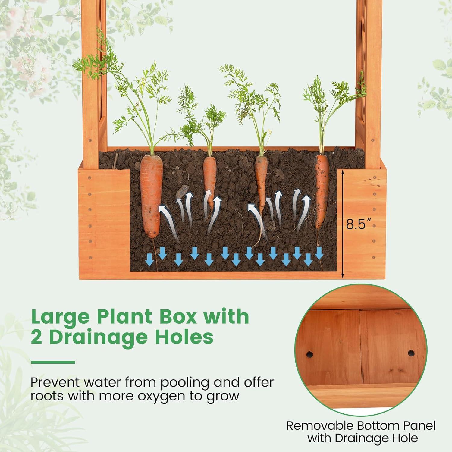 image:imageGiantex Raised Garden Bed with Trellis amp Hanging Roof Wood Planter Box with Bottom and Drainage Holes Freestanding Garden Planter for Flower Vegetable Fruit Herb Climbing Vines 79 x 175 x 451