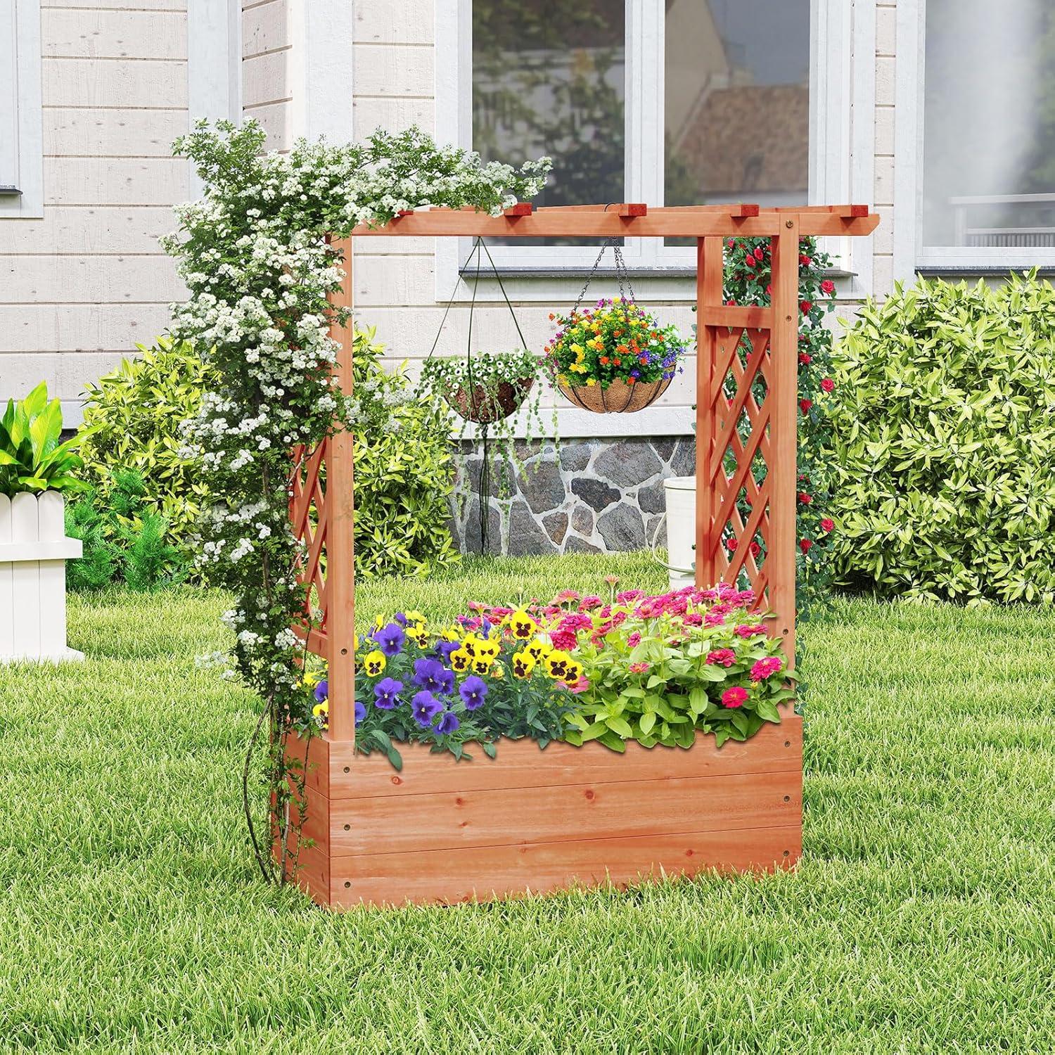 image:imageGiantex Raised Garden Bed with Trellis amp Hanging Roof Wood Planter Box with Bottom and Drainage Holes Freestanding Garden Planter for Flower Vegetable Fruit Herb Climbing Vines 79 x 175 x 451