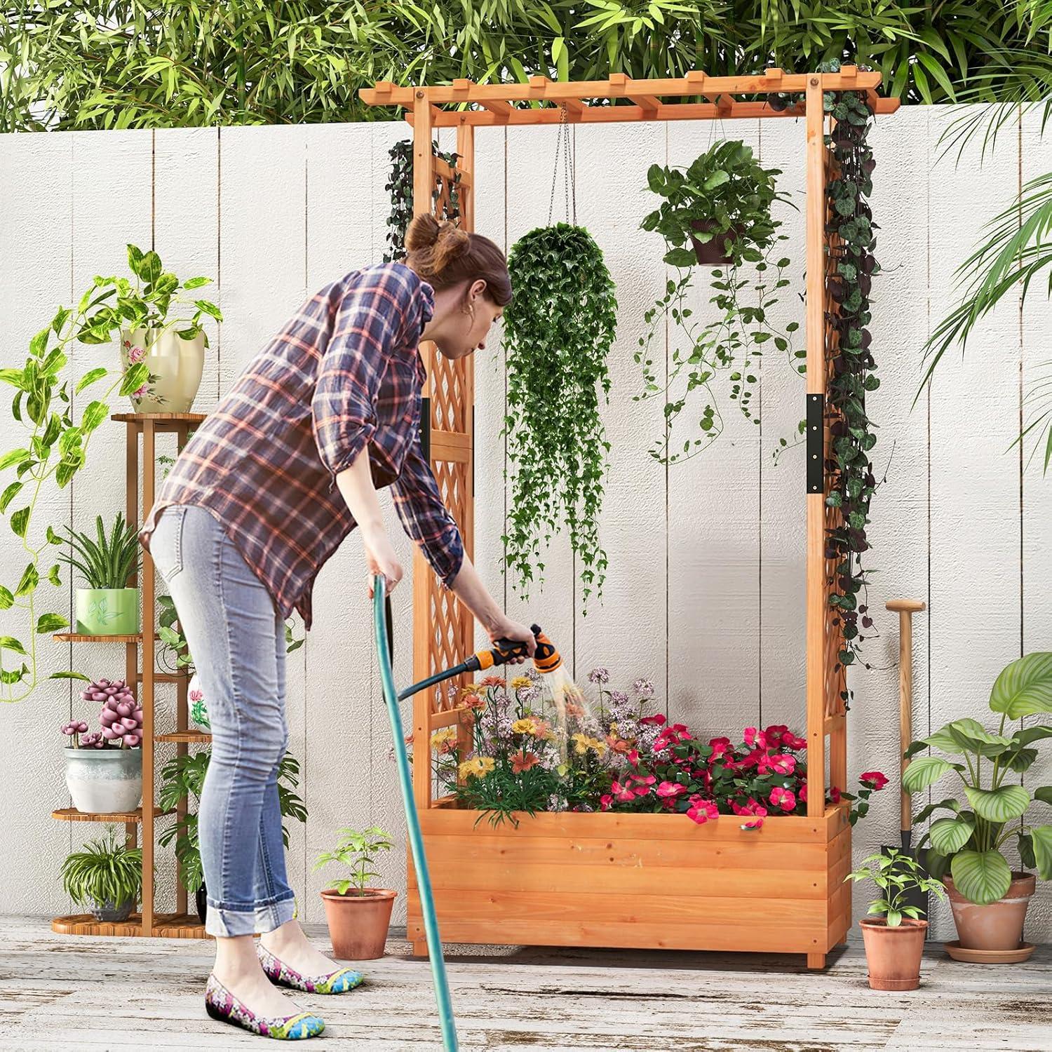 image:imageGiantex Raised Garden Bed with Trellis amp Hanging Roof Wood Planter Box with Bottom and Drainage Holes Freestanding Garden Planter for Flower Vegetable Fruit Herb Climbing Vines 79 x 175 x 451
